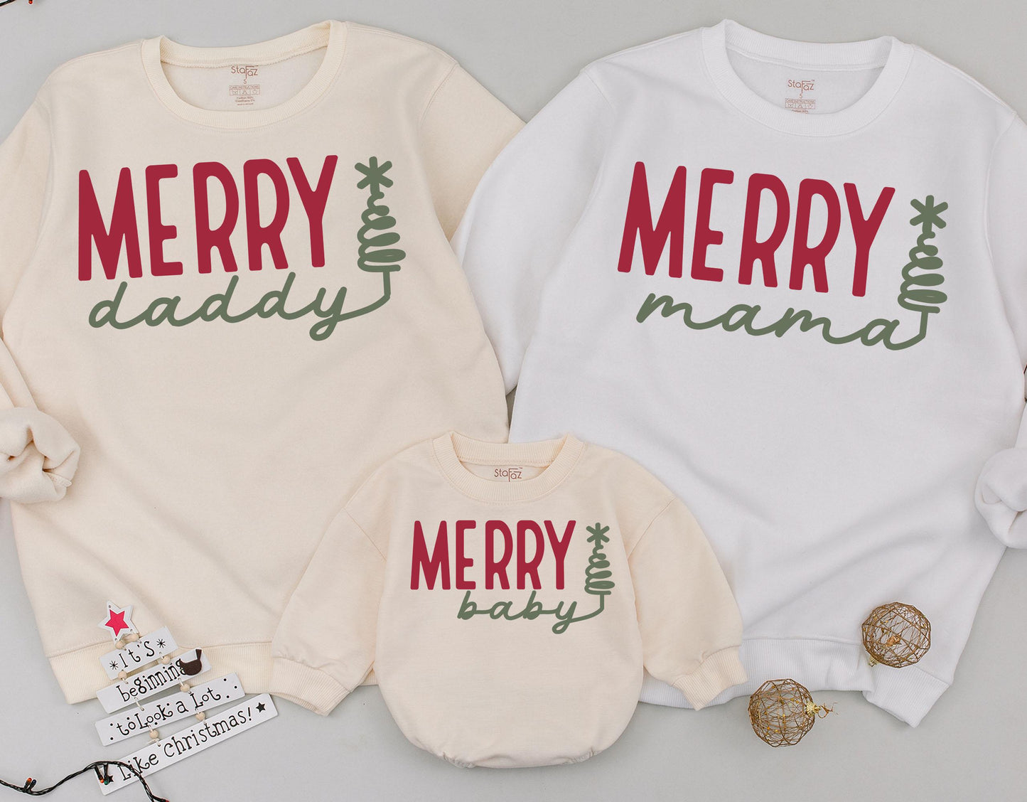 Matching Family Christmas Sweatshirts Merry Mama Daddy Mini Baby Two-Tone Red Green Block Letter Tree Holiday Outfit Fun Festive