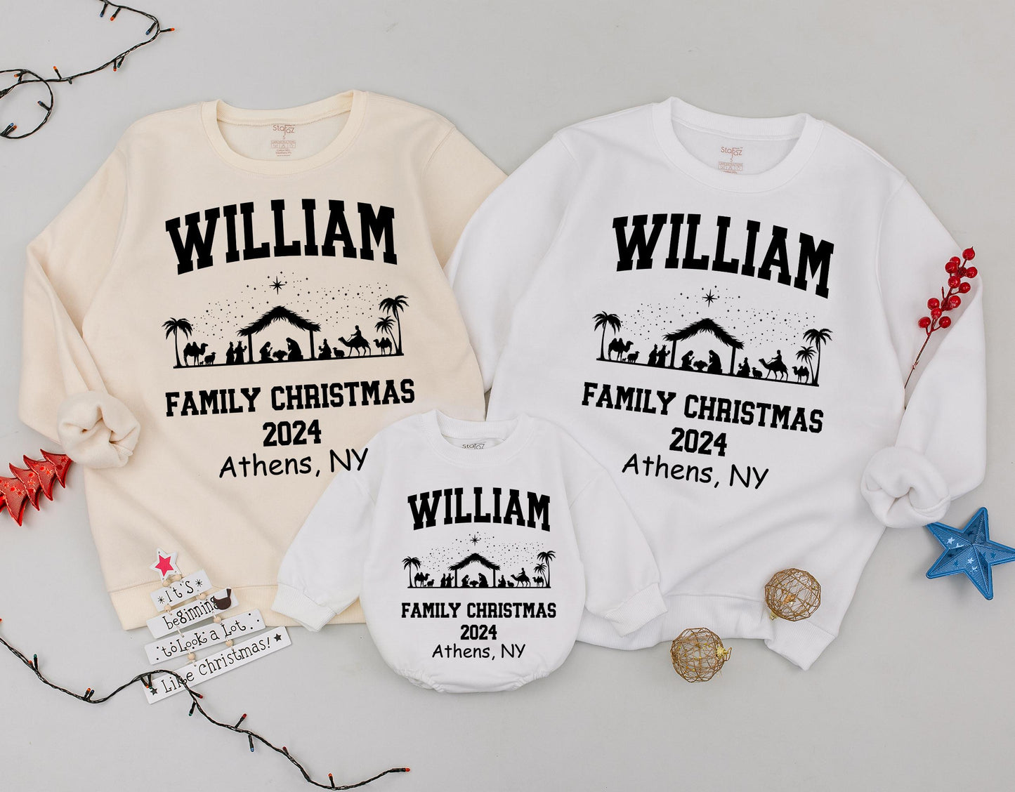 Personalized Matching Family Christmas Sweatshirts Vintage Nativity Scene Athens NY 2024 Custom Name Toddler Holiday Crewneck Tops