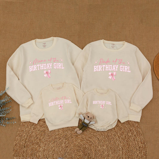 Playful Pink Bow First Birthday Family Matching Outfit Mama Dada Sister Sweatshirt Girl Celebration Sweet Pink Tone Starburst Design