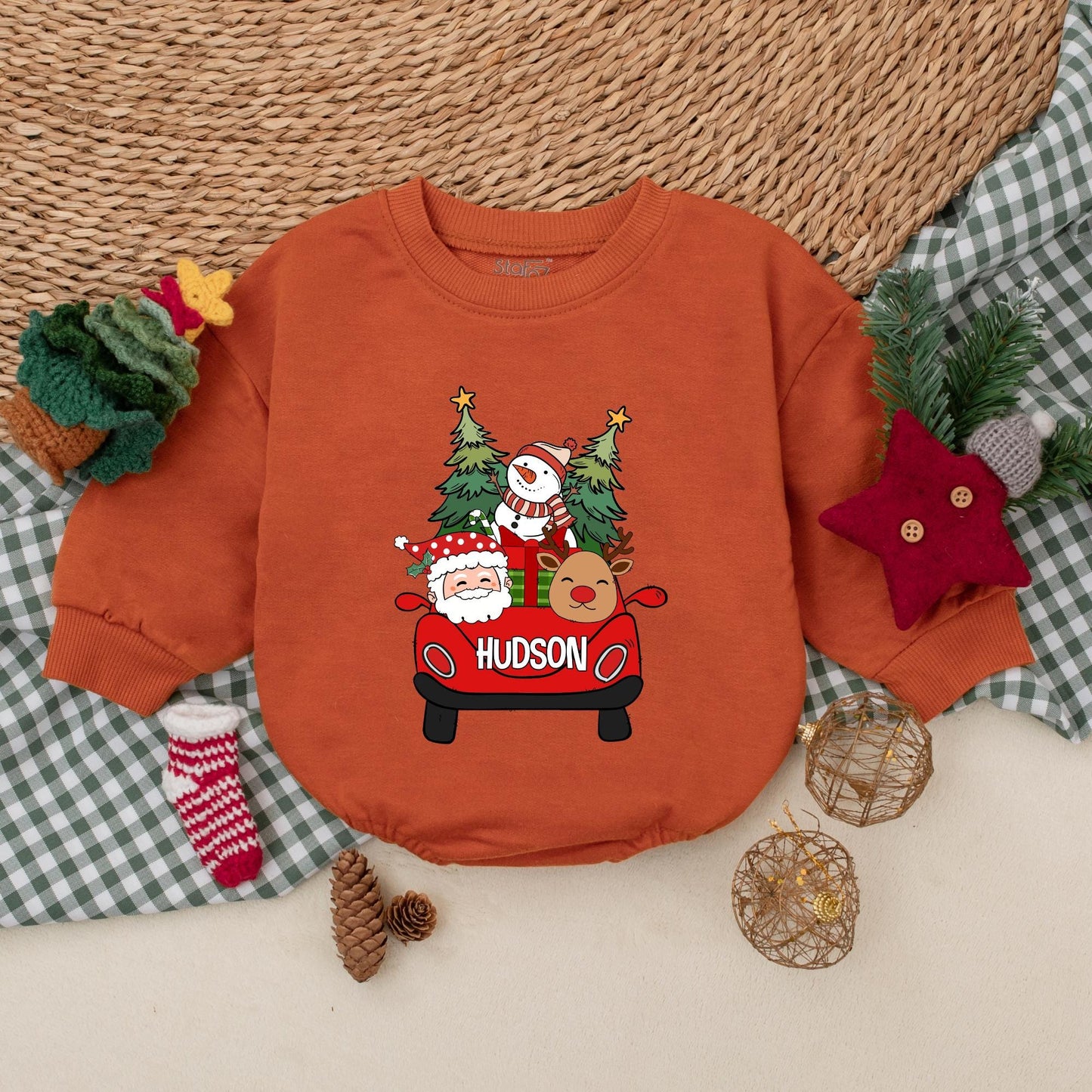 Personalized Hudson Christmas Romper: Santa's Red Car Adventure! Custom Name Bodysuit, First Christmas Outfit, Winter Baby Clothes, Reindeer & Snowman Fun (139 chars)