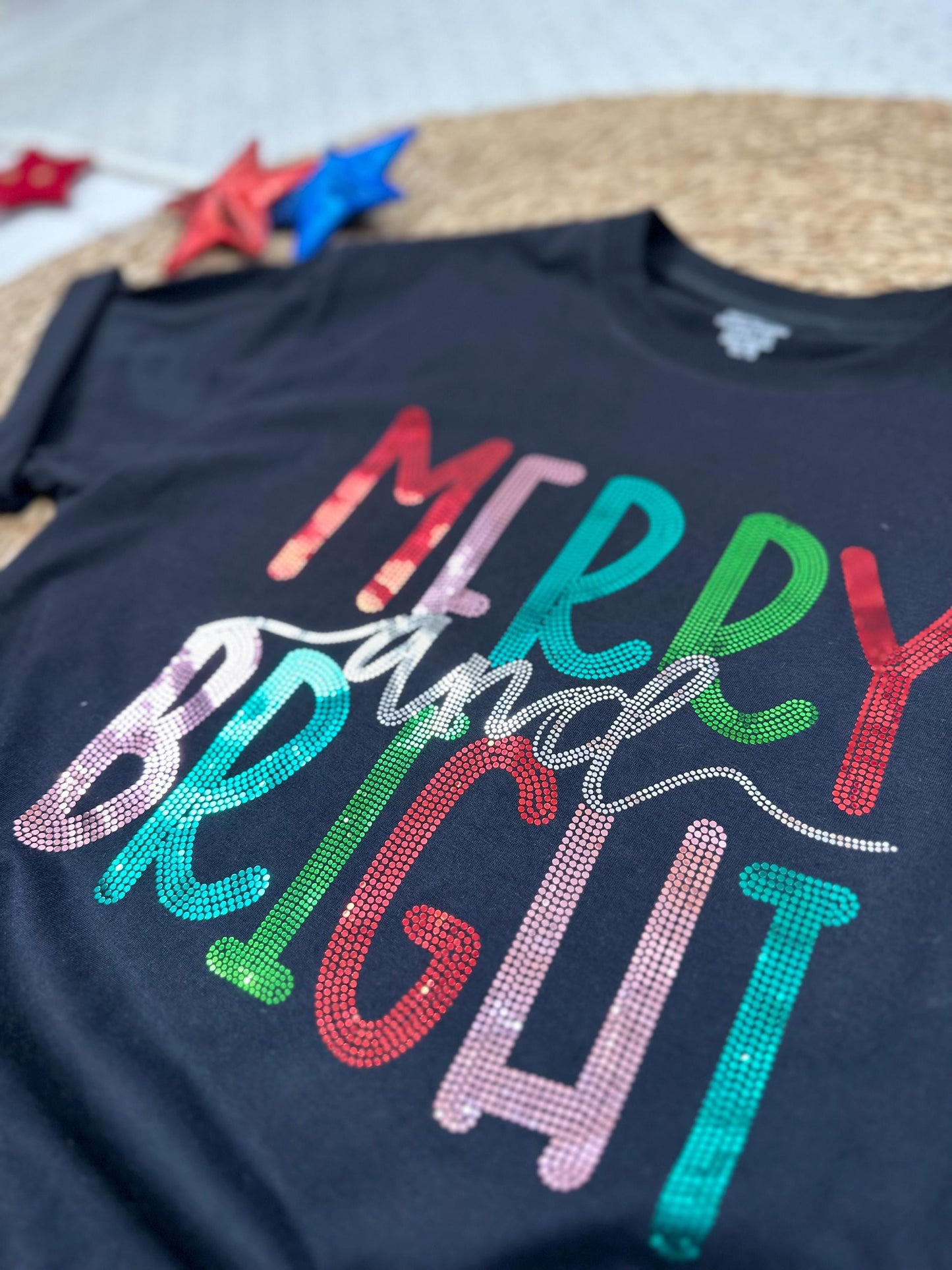 Merry and Bright Sparkling Christmas Shirt featuring Dotted Letters in Bright Red Green Teal Pink Colors Festive Holiday Season Tee Women's Bling Apparel