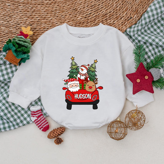 Personalized Hudson Christmas Romper: Santa's Red Car Adventure! Custom Name Bodysuit, First Christmas Outfit, Winter Baby Clothes, Reindeer & Snowman Fun (139 chars)