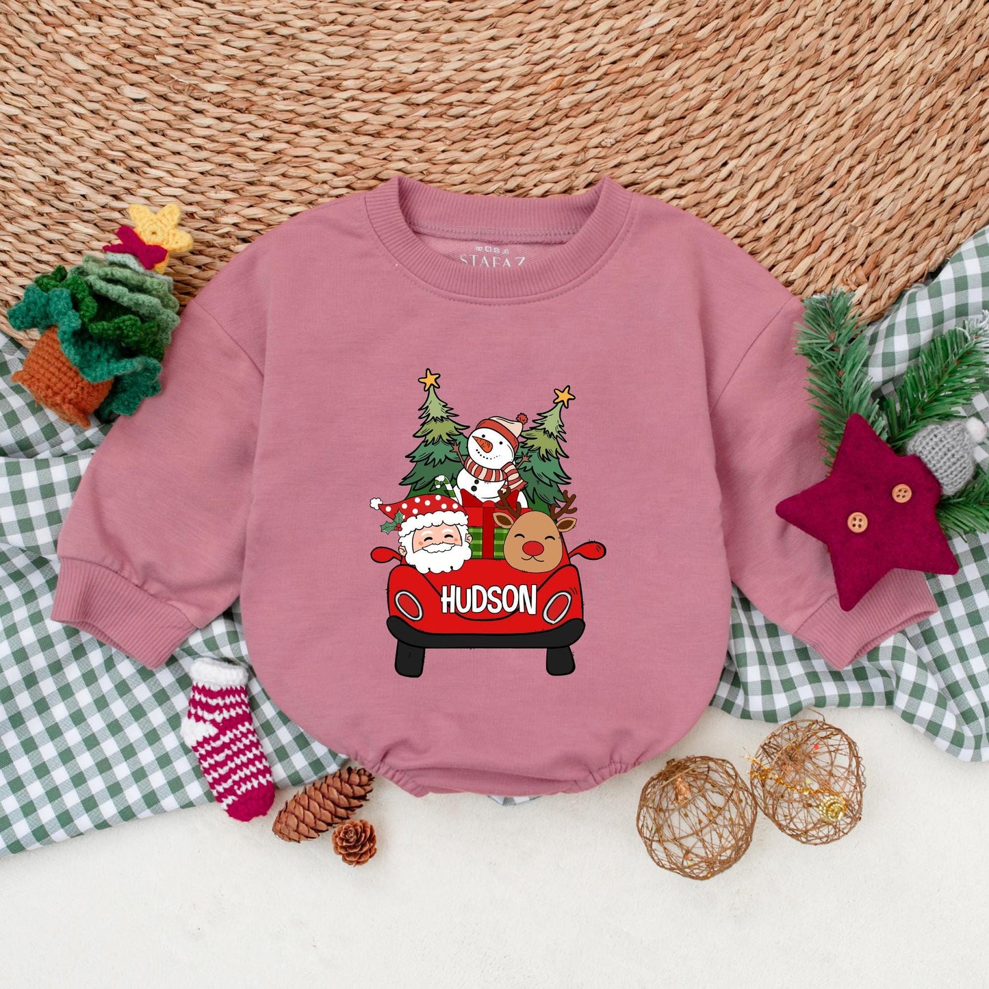 Personalized Hudson Christmas Romper: Santa's Red Car Adventure! Custom Name Bodysuit, First Christmas Outfit, Winter Baby Clothes, Reindeer & Snowman Fun (139 chars)