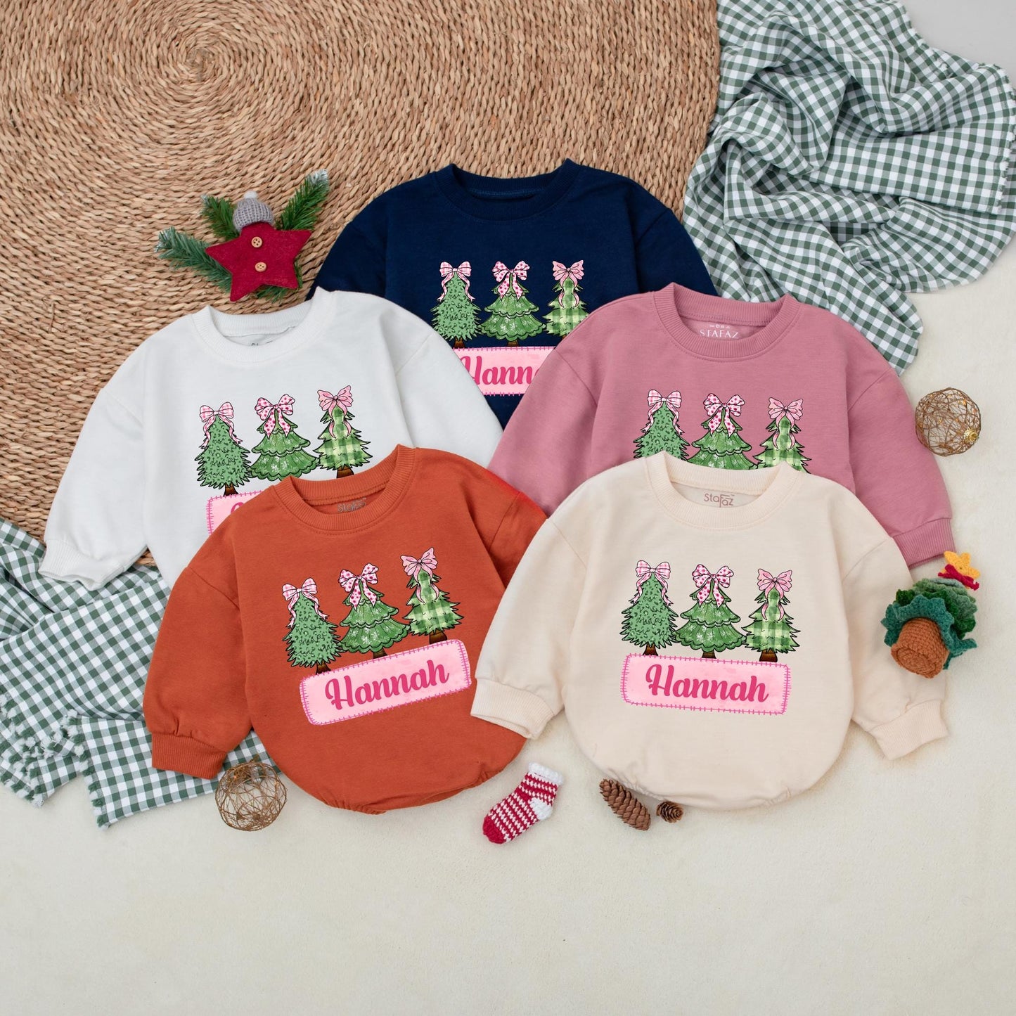 Hannah's First Christmas Romper Pink Bow Trees Outfit Vintage Girly Baby Bodysuit Personalized Christmas Leopard Snowflake Plaid Tree Outfit, 139chars