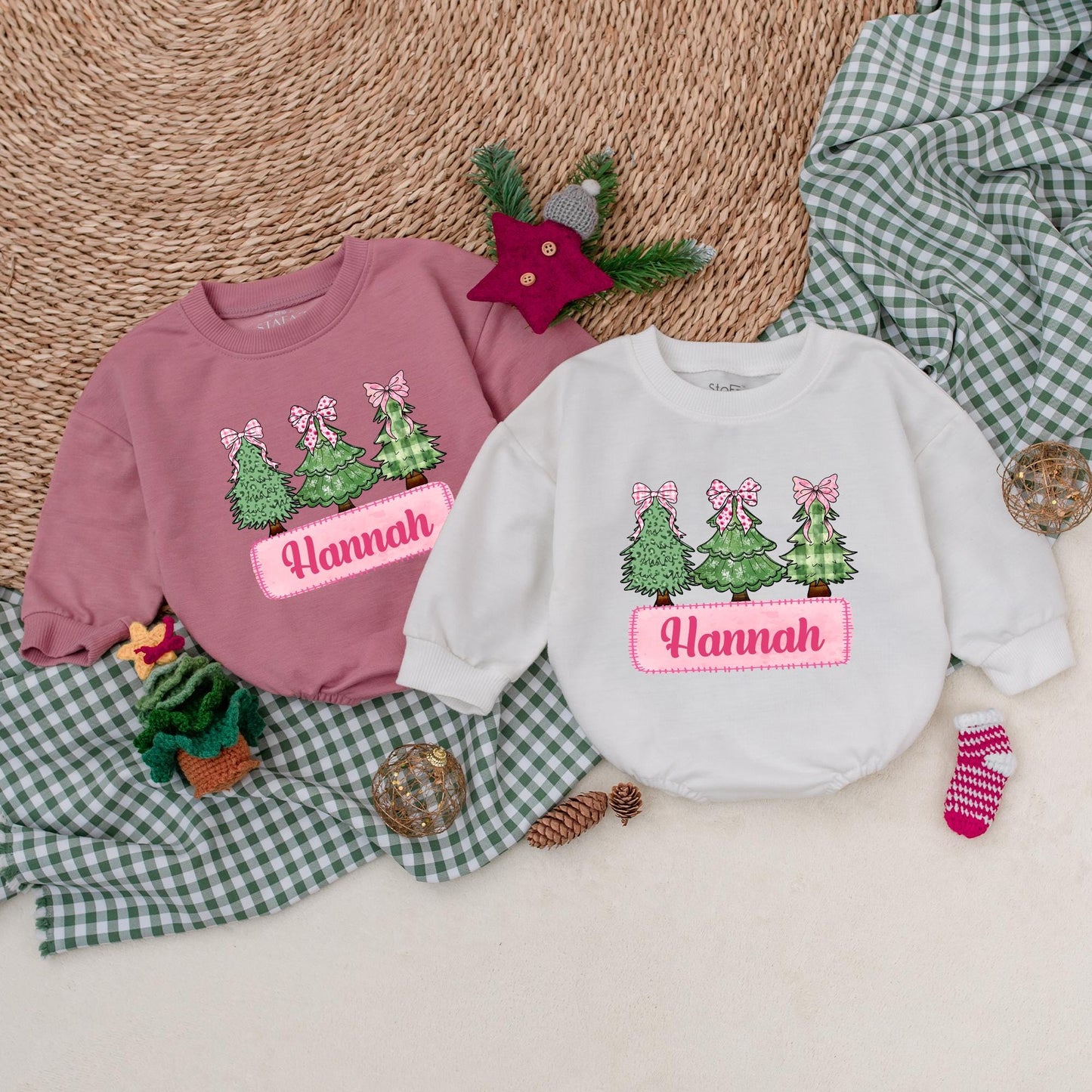 Hannah's First Christmas Romper Pink Bow Trees Outfit Vintage Girly Baby Bodysuit Personalized Christmas Leopard Snowflake Plaid Tree Outfit, 139chars