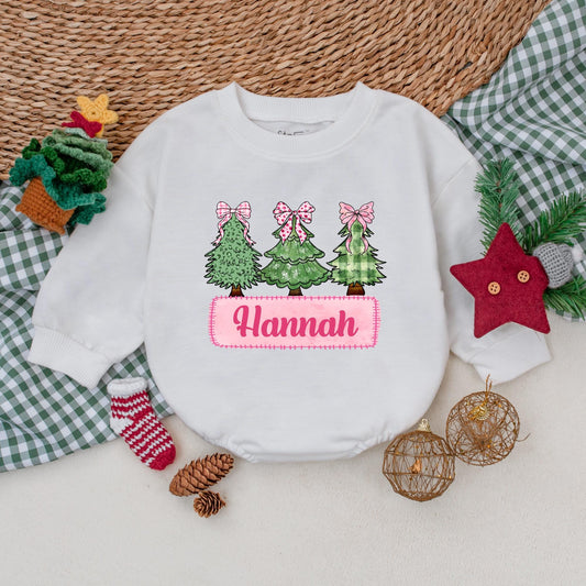 Hannah's First Christmas Romper Pink Bow Trees Outfit Vintage Girly Baby Bodysuit Personalized Christmas Leopard Snowflake Plaid Tree Outfit, 139chars