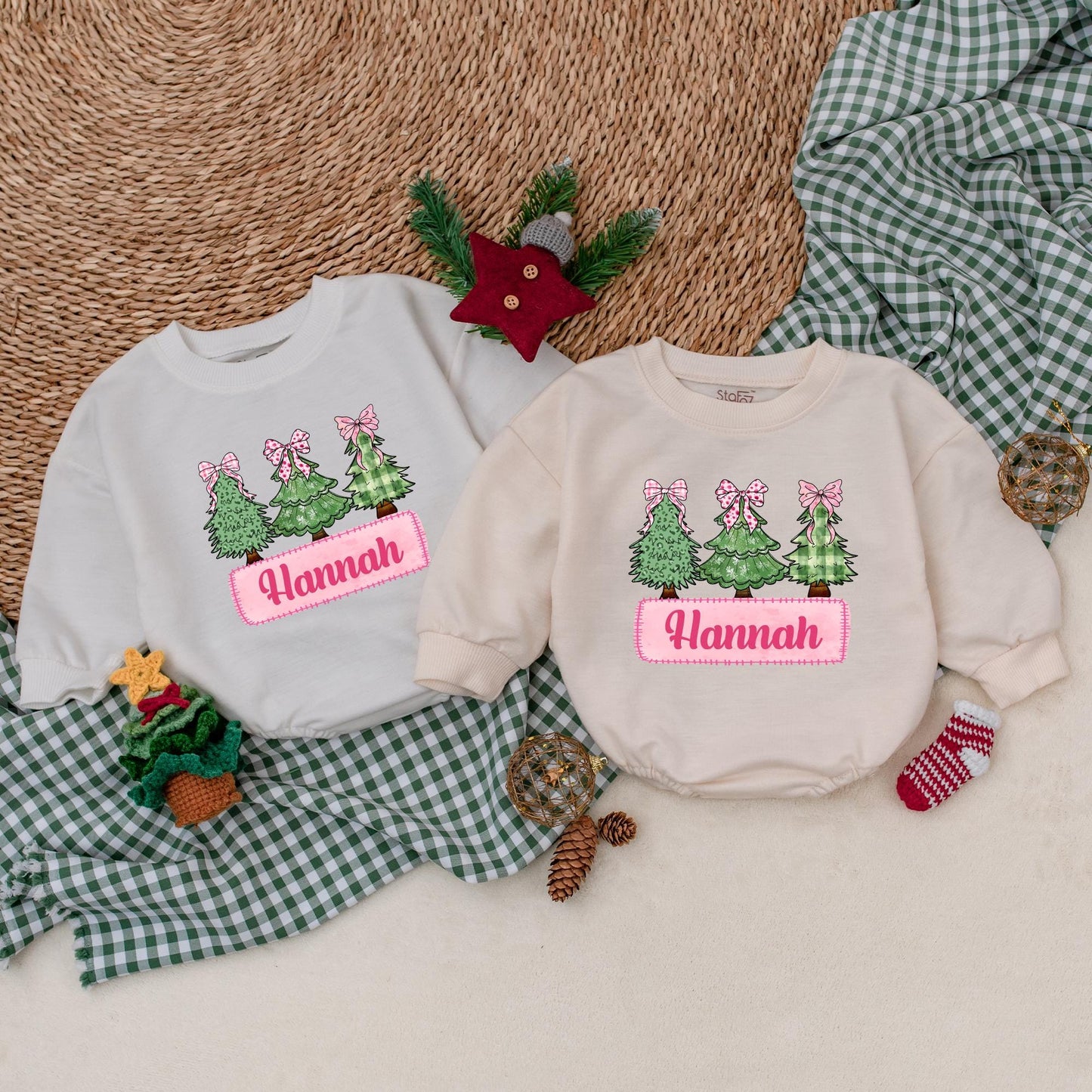 Hannah's First Christmas Romper Pink Bow Trees Outfit Vintage Girly Baby Bodysuit Personalized Christmas Leopard Snowflake Plaid Tree Outfit, 139chars