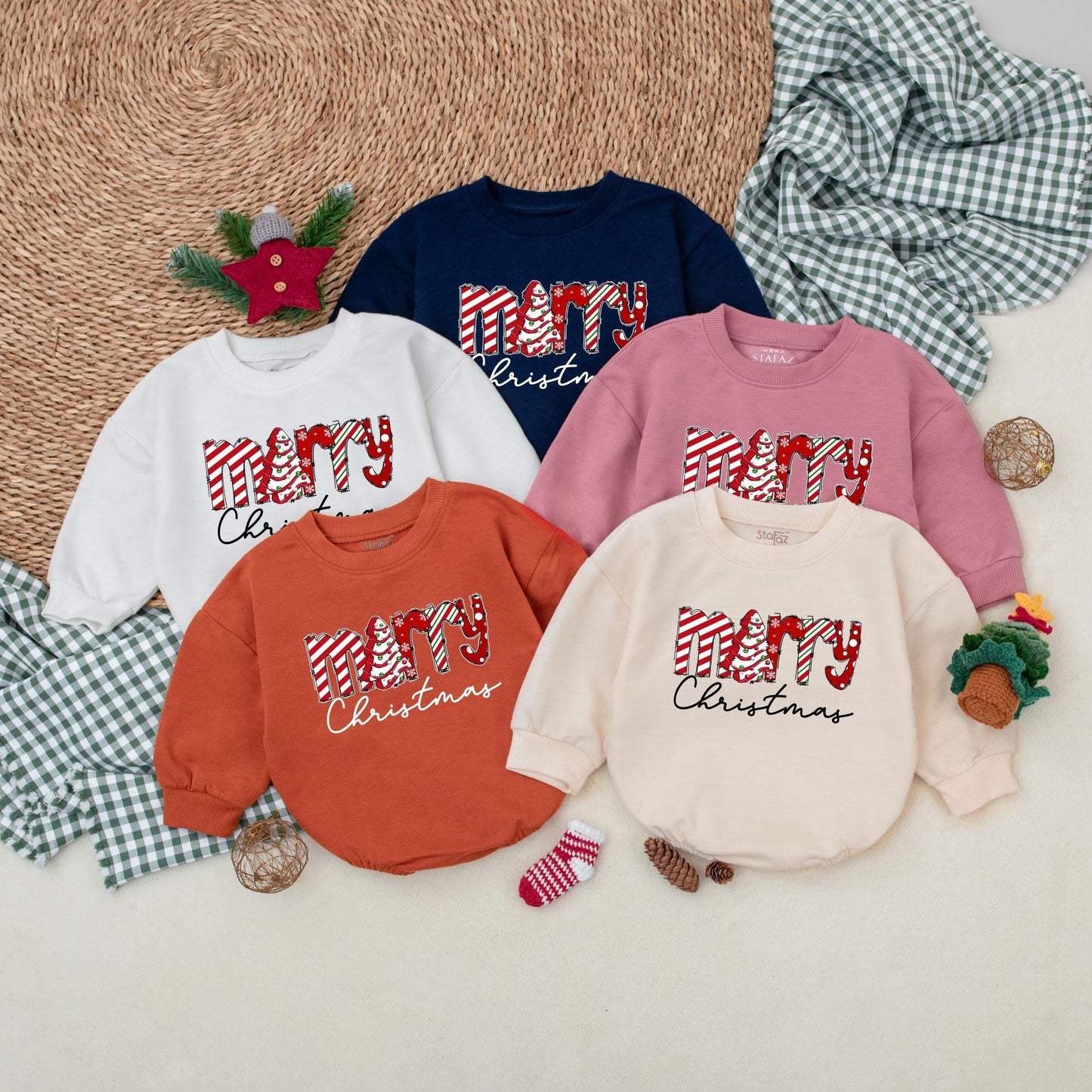 Merry Christmas Baby Romper Outfit, My First Christmas Bodysuit, Festive Newborn Gift, Red & White Holiday Pattern, Cute Xmas Sweatshirt Romper (138 chars)