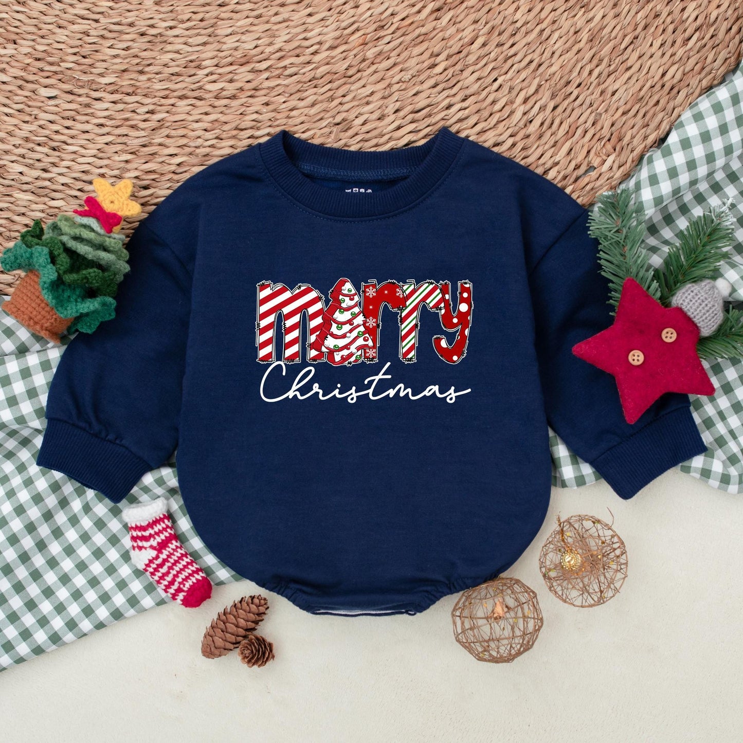 Merry Christmas Baby Romper Outfit, My First Christmas Bodysuit, Festive Newborn Gift, Red & White Holiday Pattern, Cute Xmas Sweatshirt Romper (138 chars)