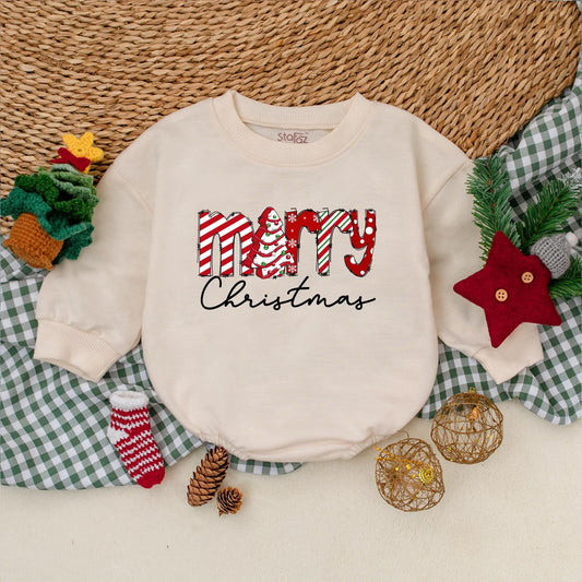 Merry Christmas Baby Romper Outfit, My First Christmas Bodysuit, Festive Newborn Gift, Red & White Holiday Pattern, Cute Xmas Sweatshirt Romper (138 chars)
