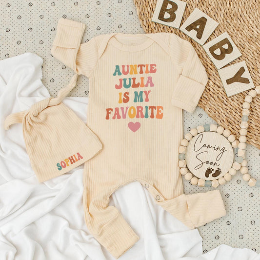 Auntie Julia Is My Favorite Baby Bodysuit & Sophia Hat Set - Retro Design, Personalized Gift, New Baby Girl Outfit