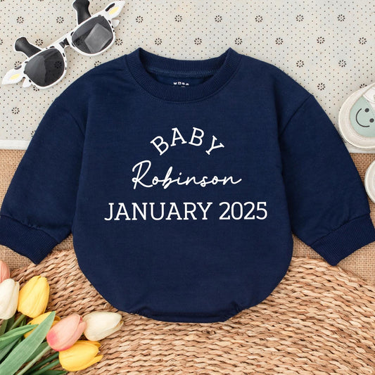 Baby Robinson January 2025 Announcement Romper Custom Newborn Outfit Grandparents Family Surprise Coming Soon Infant