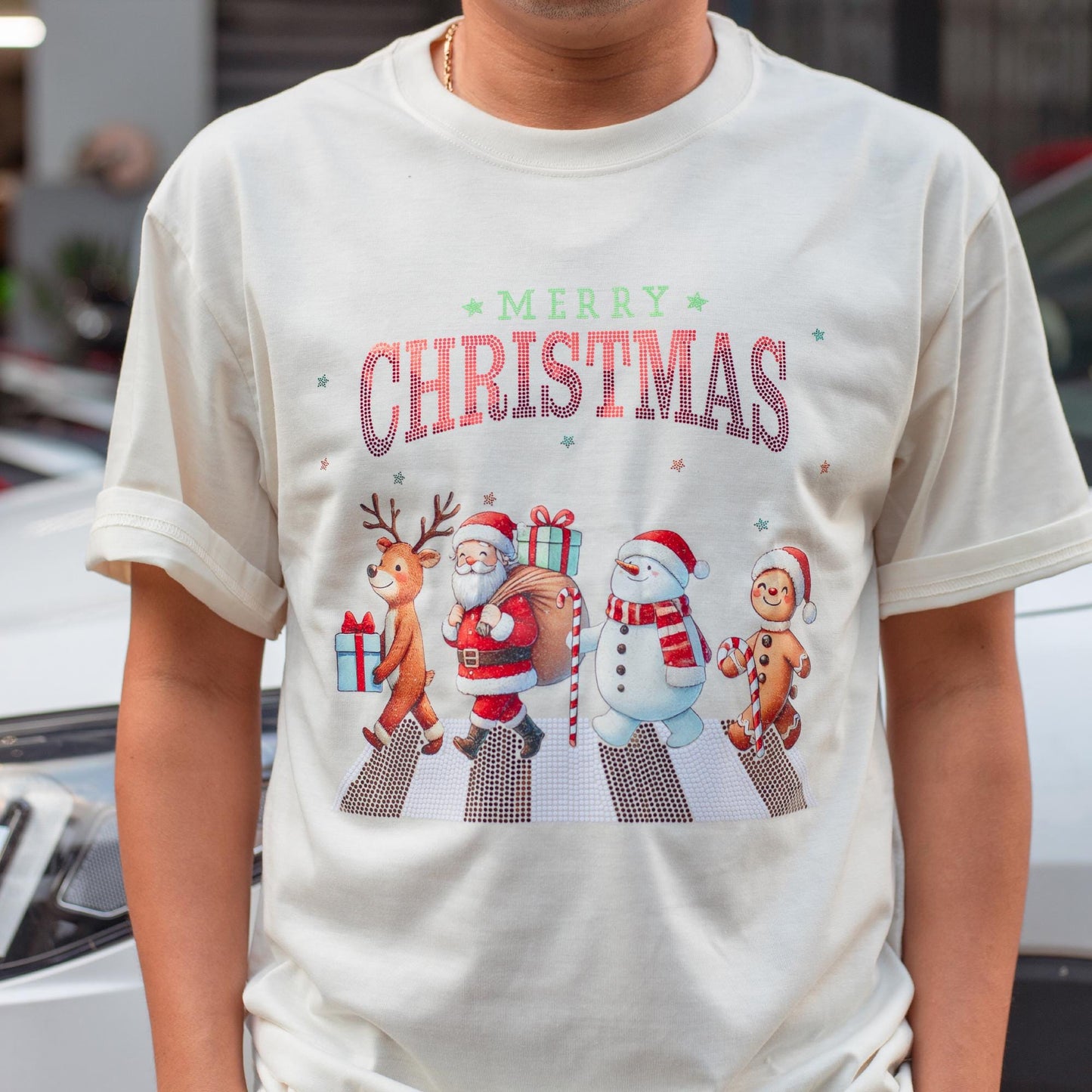 Glittery Merry Christmas Shirt with Festive Friends, Reindeer & Santa Sequin Tee, Sparkly Xmas Top for Women, Men, Holiday Gifts, Shiny Dot Crosswalk (139)