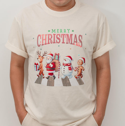 Glittery Merry Christmas Shirt with Festive Friends, Reindeer & Santa Sequin Tee, Sparkly Xmas Top for Women, Men, Holiday Gifts, Shiny Dot Crosswalk (139)