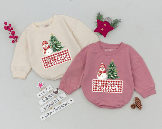 Personalized Baby First Christmas Romper with Snowman & Tree Design Toddler Holiday Outfit Infant Bodysuit Gingham Pattern Festive Red Green White