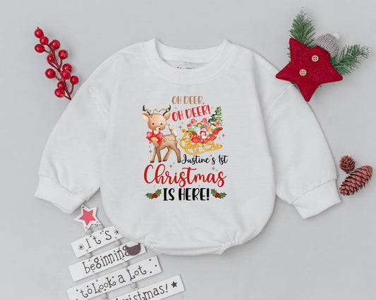 Personalized Oh Deer My First Christmas Baby Romper Reindeer Sleigh Design Festive Holiday Bodysuit Infant Toddler Custom Name Gift