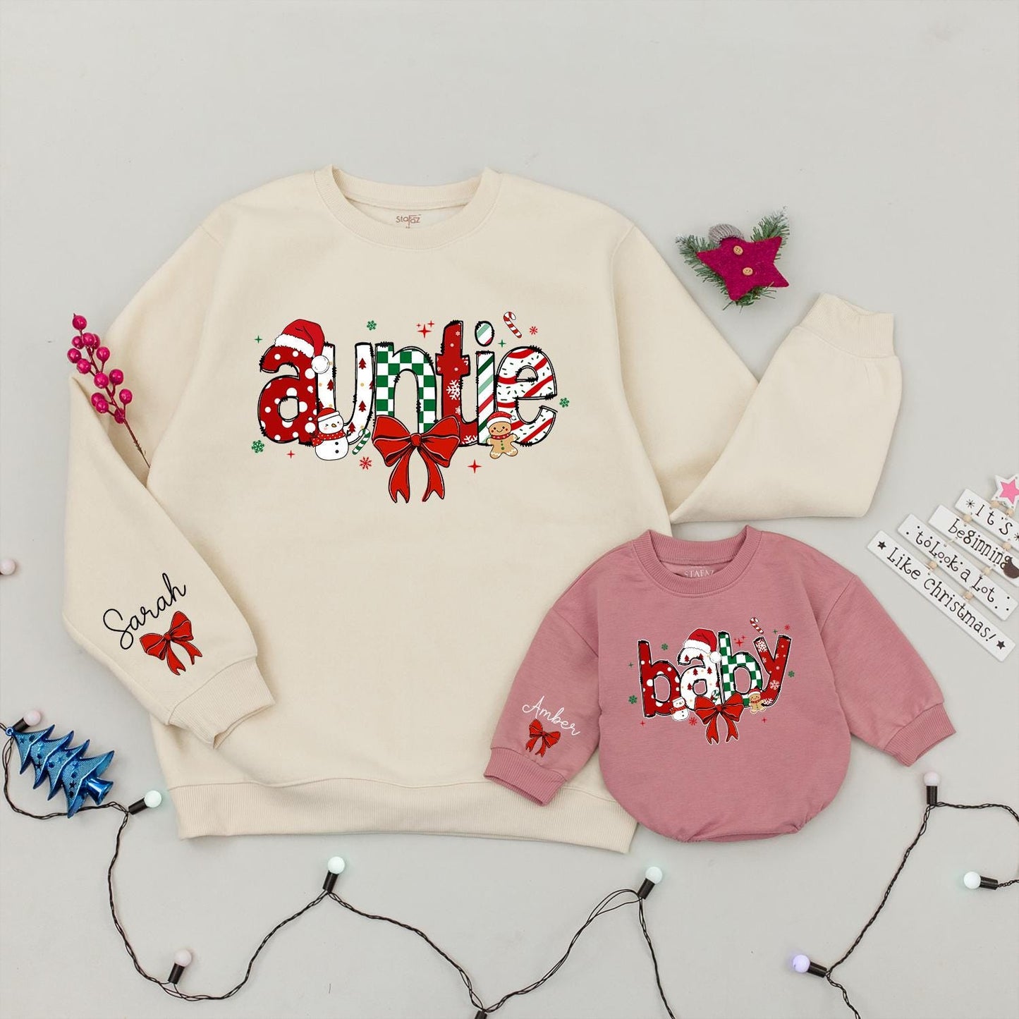 Matching Auntie & Baby Christmas Sweatshirts: Cheerful Holiday Lettering, Polka Dots, Candy Canes - Festive Aunt Xmas Gift for Little One, Comfy Cotton Blend