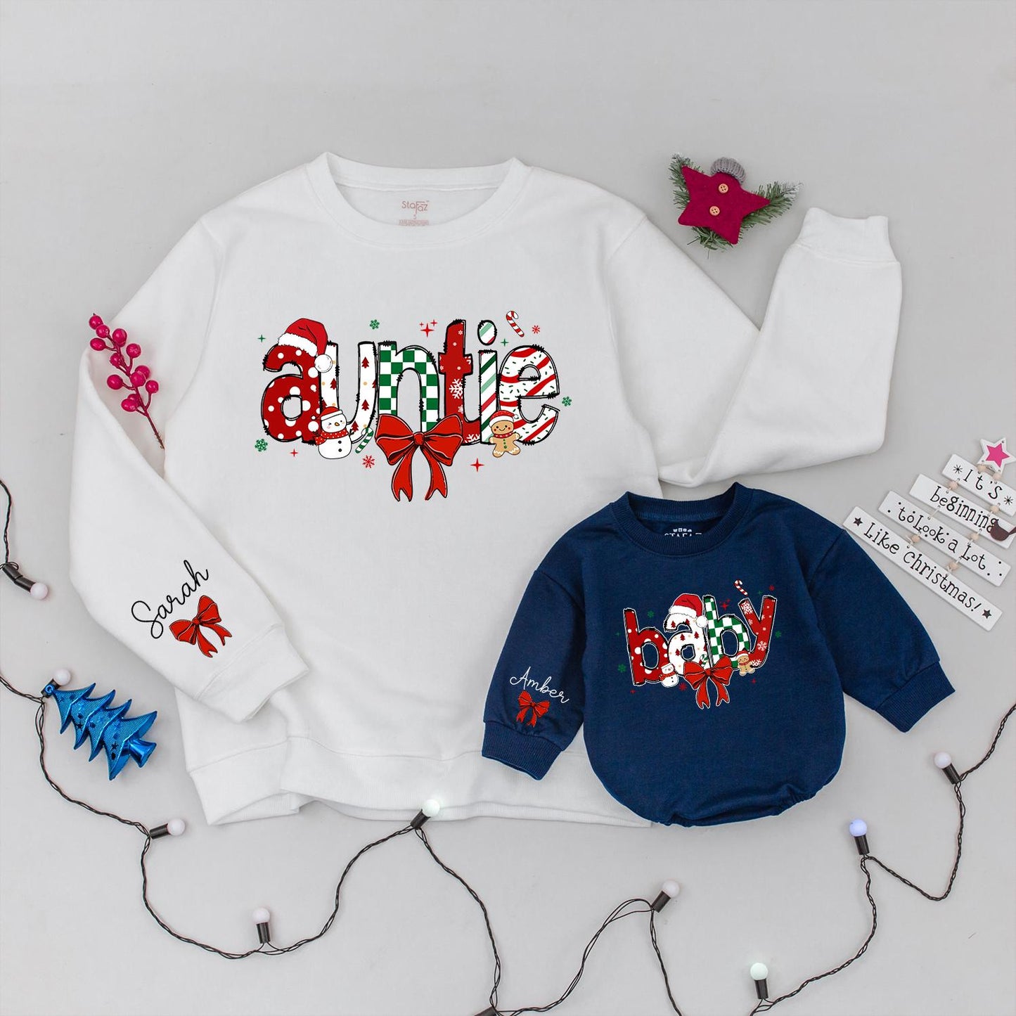 Matching Auntie & Baby Christmas Sweatshirts: Cheerful Holiday Lettering, Polka Dots, Candy Canes - Festive Aunt Xmas Gift for Little One, Comfy Cotton Blend