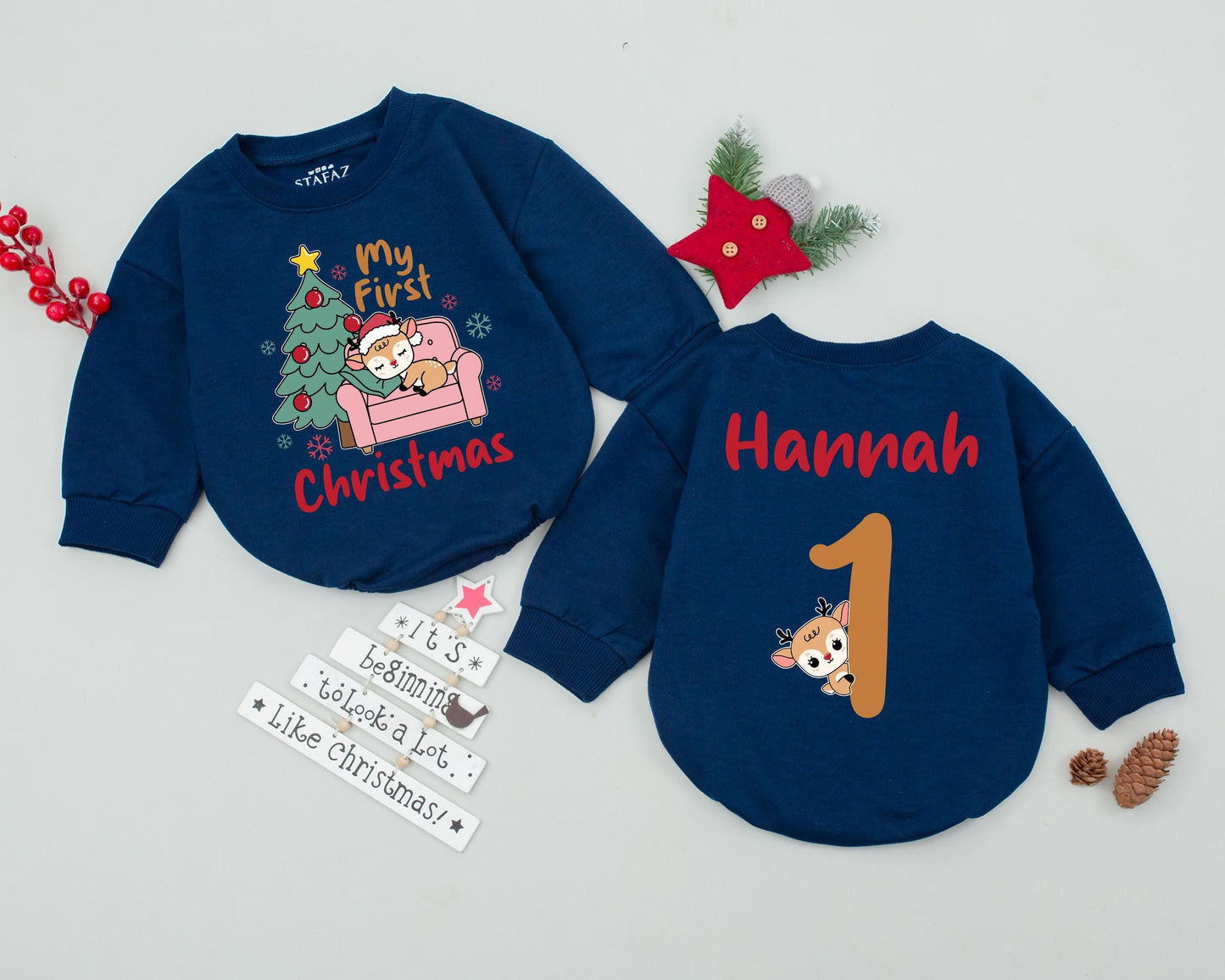 Personalized Name and Number One Birthday Romper My First Christmas Baby Girl Infant Toddler Bodysuit Festive Reindeer Christmas Tree