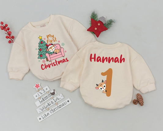 Personalized Name and Number One Birthday Romper My First Christmas Baby Girl Infant Toddler Bodysuit Festive Reindeer Christmas Tree
