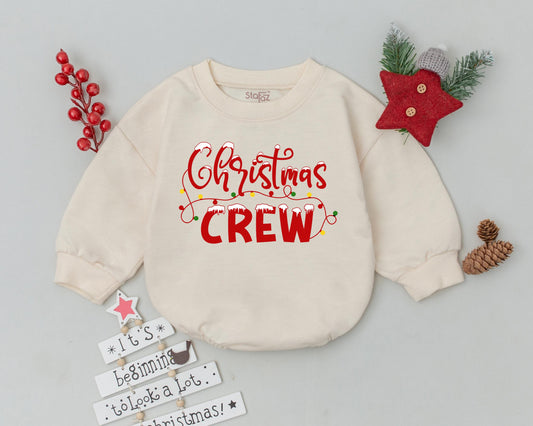 Baby's First Christmas Crew Bubble Romper with Festive Lights Design Newborn Infant Bodysuit Unique Xmas Outfit Baby Shower Gift Cursive Snow Font