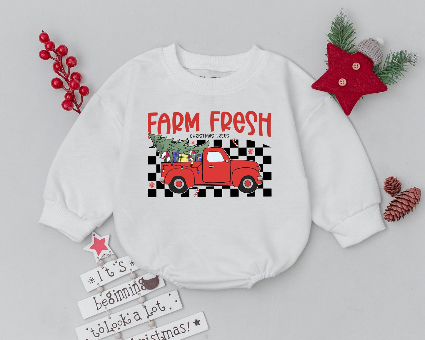Farm Fresh Christmas Truck Romper Baby's First Holiday Outfit Red Pickup Vintage Checkerboard Design Newborn Bodysuit Festive Xmas Infant Gift