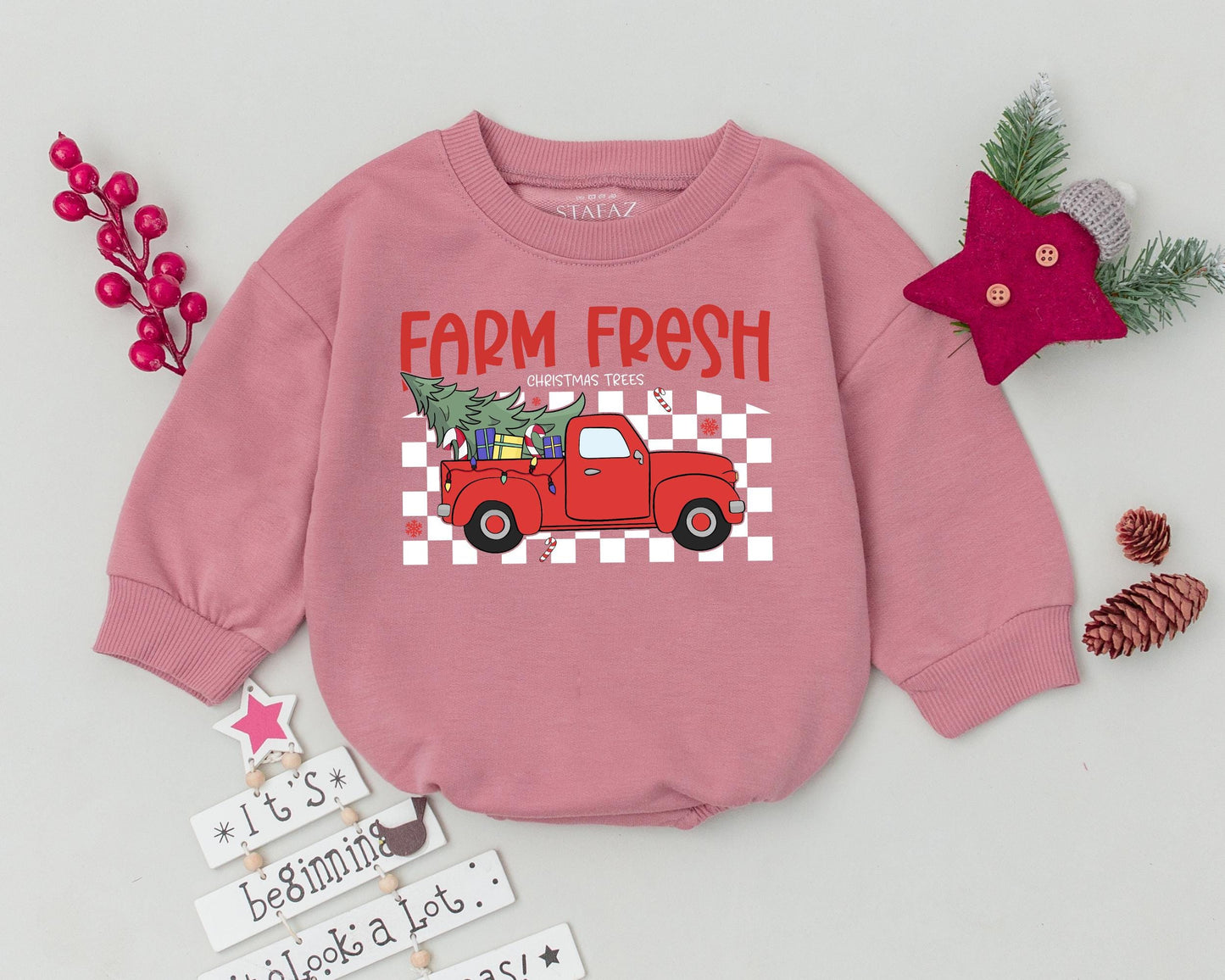 Farm Fresh Christmas Truck Romper Baby's First Holiday Outfit Red Pickup Vintage Checkerboard Design Newborn Bodysuit Festive Xmas Infant Gift
