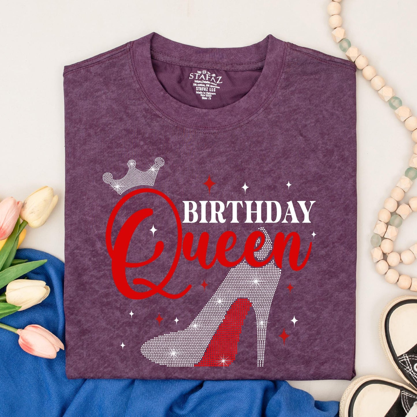 Birthday Queen Sparkle Shirt Rhinestone Crown High Heel Tee Glamorous Birthday Celebration Top for Women