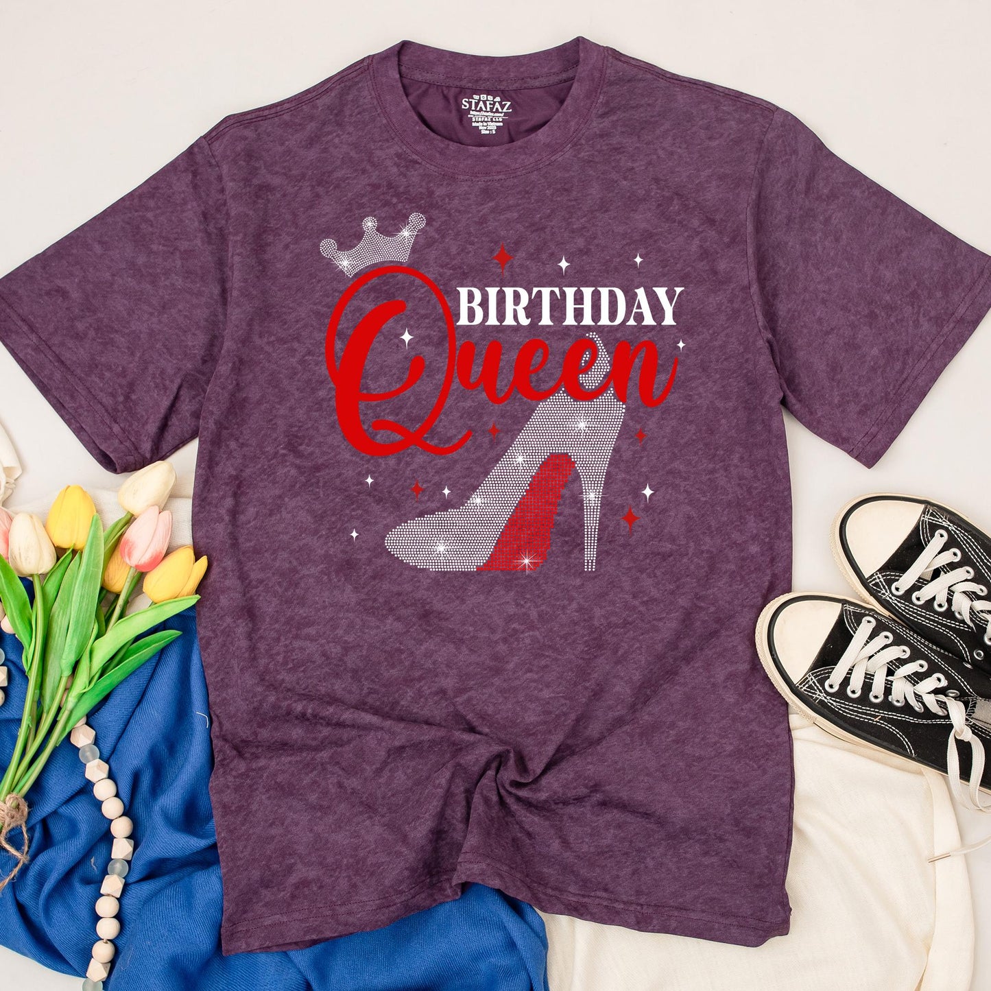 Birthday Queen Sparkle Shirt Rhinestone Crown High Heel Tee Glamorous Birthday Celebration Top for Women
