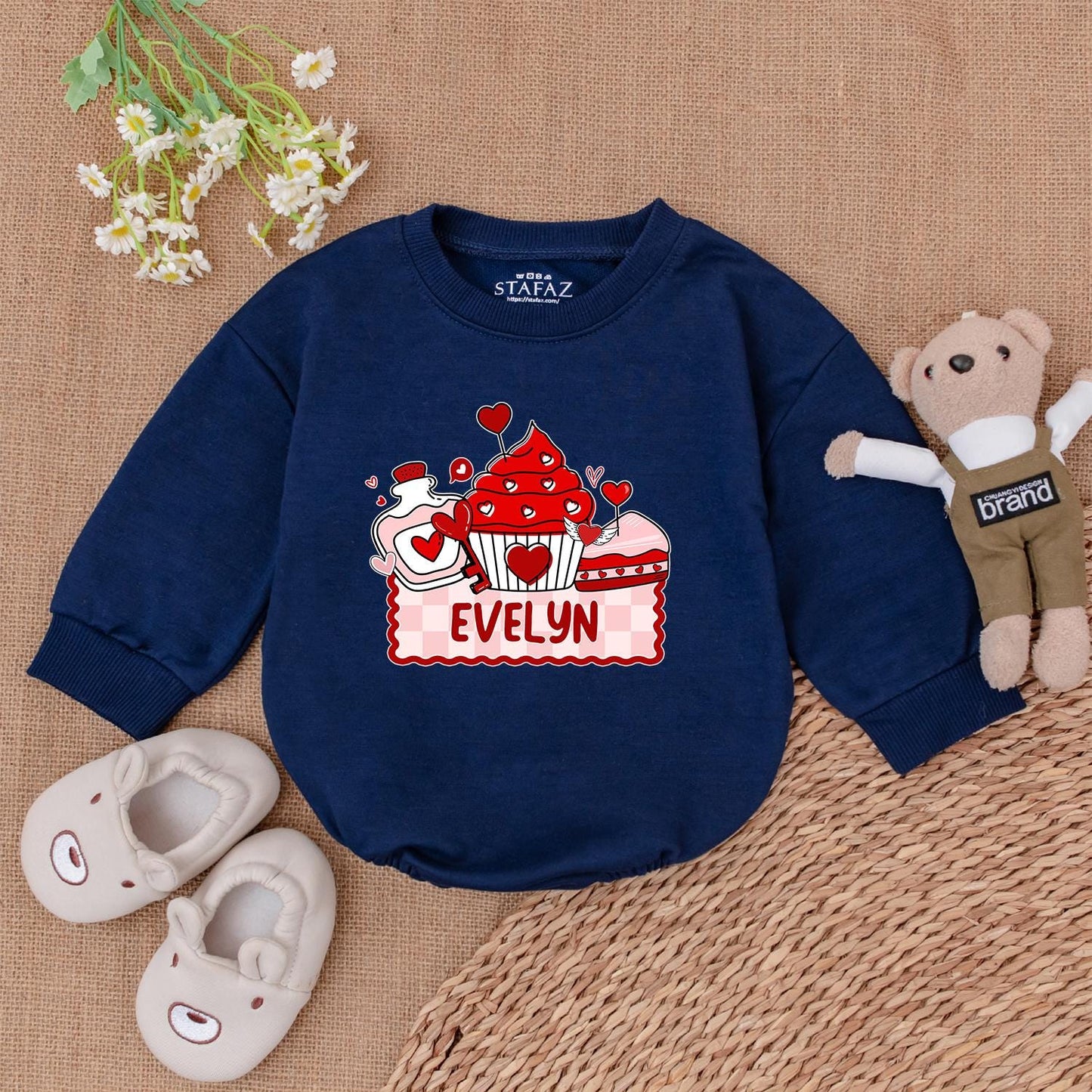 Evelyn's Sweet Valentine Cupcake & Potion Romper Personalized Name Baby Outfit Cute Red Pink Hearts Checkered Banner Gift