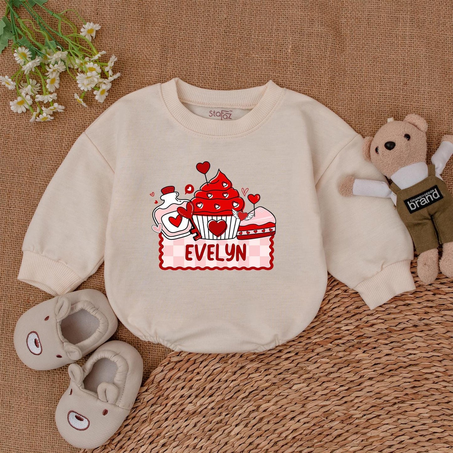 Evelyn's Sweet Valentine Cupcake & Potion Romper Personalized Name Baby Outfit Cute Red Pink Hearts Checkered Banner Gift