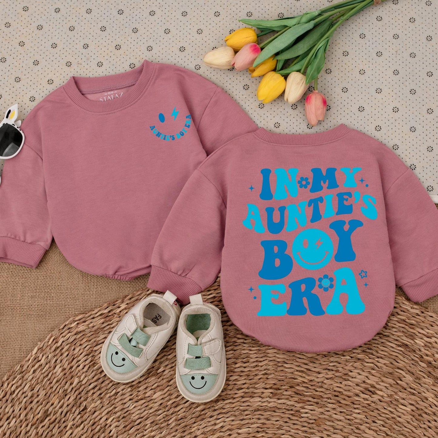 In My Auntie's Boy Era Baby Clothes Light Blue Text Whimsical Smiley Bolt Dot Floral Stars Aunt Gift Newborn Girl Outfit Baby Romper