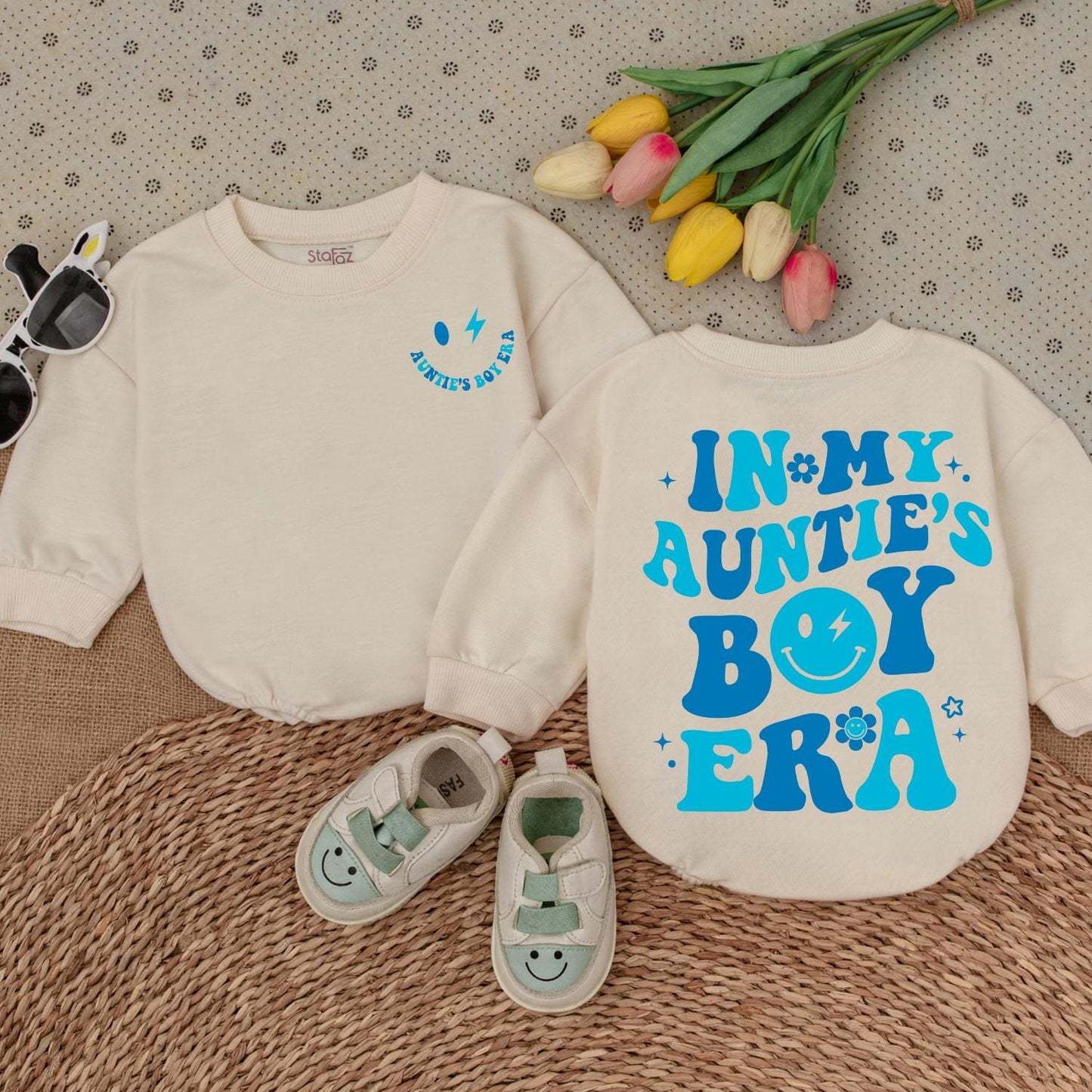In My Auntie's Boy Era Baby Clothes Light Blue Text Whimsical Smiley Bolt Dot Floral Stars Aunt Gift Newborn Girl Outfit Baby Romper