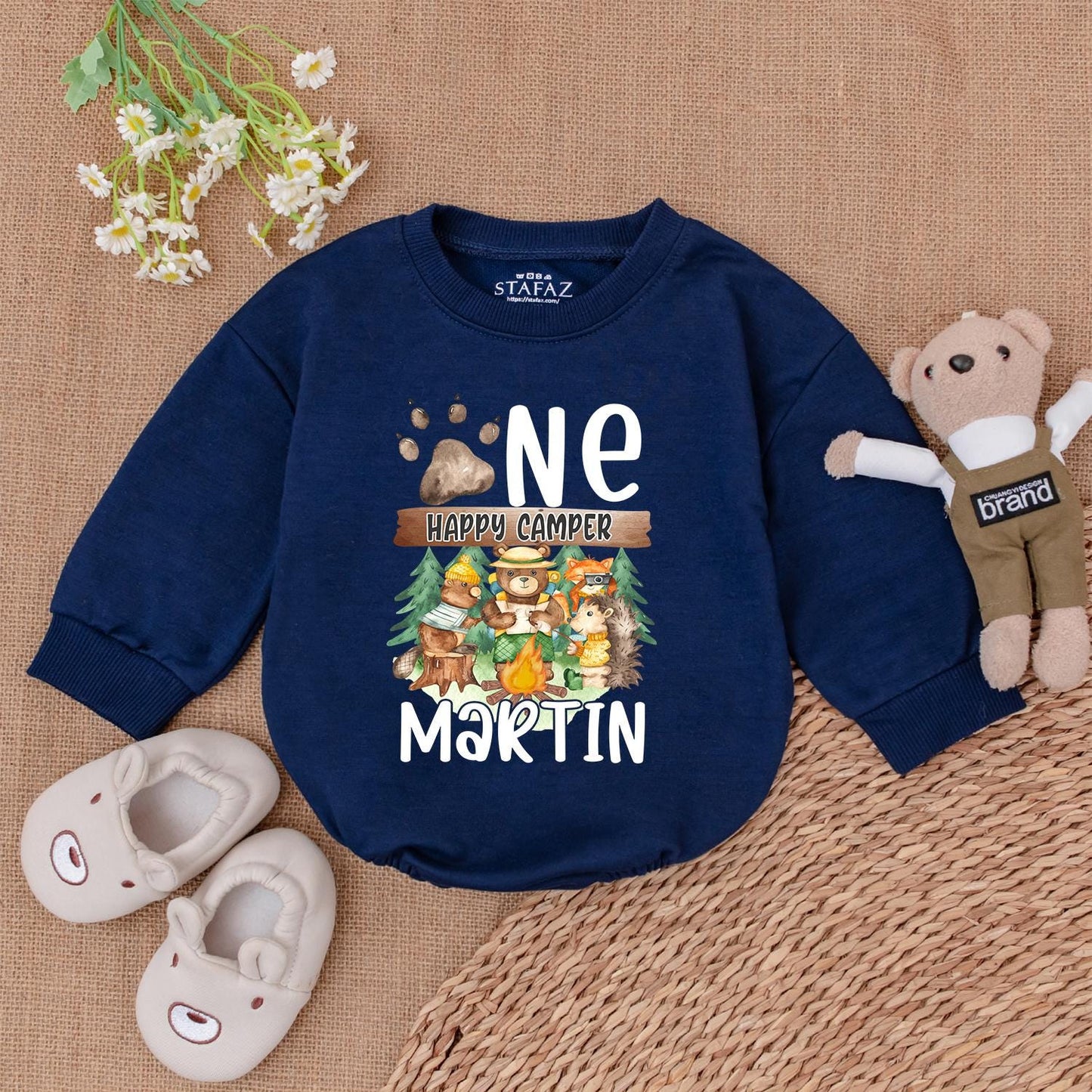 Personalized One Happy Camper 1st Birthday Romper Baby Boy Outfit Camping Theme Gift Neutral Bubble Romper