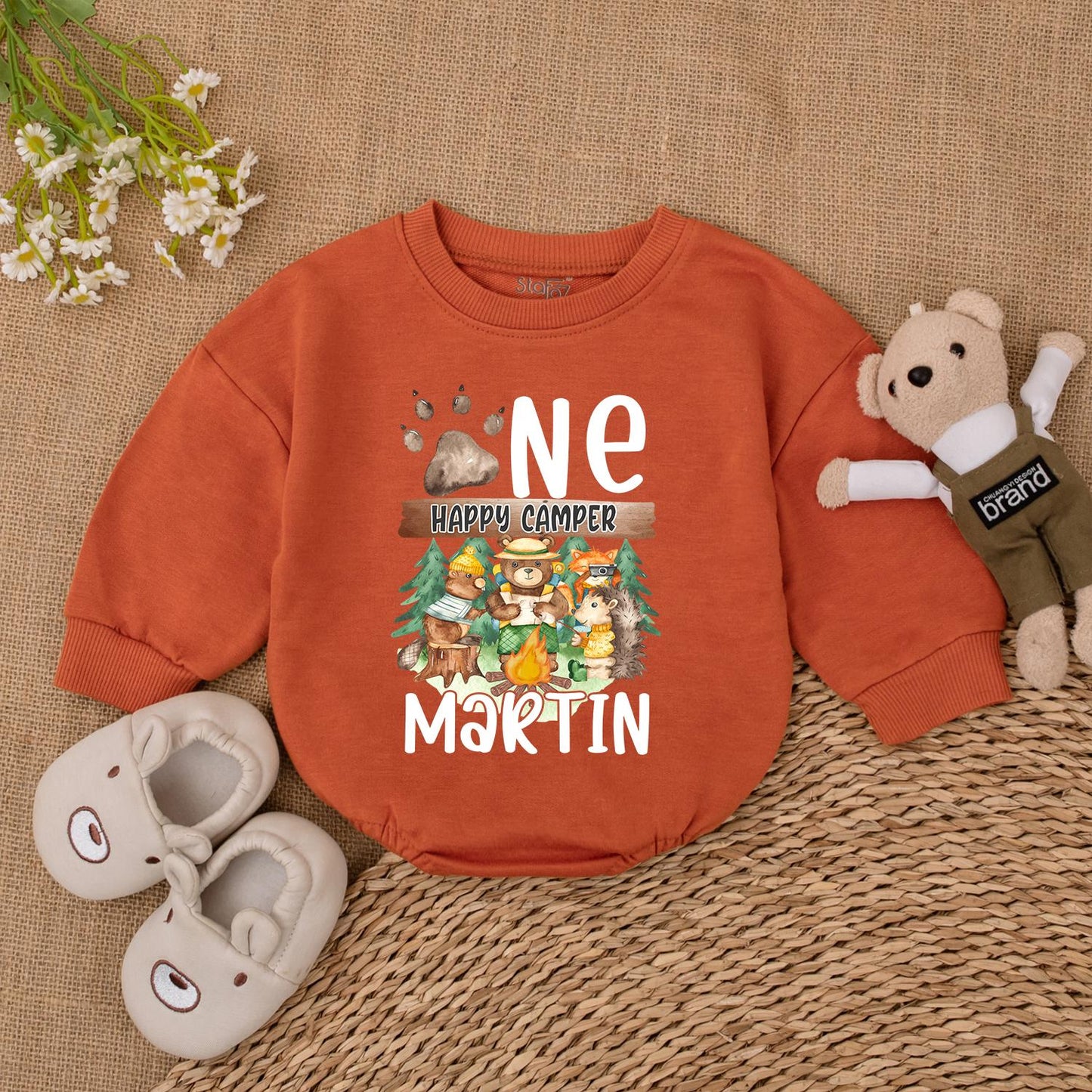 Personalized One Happy Camper 1st Birthday Romper Baby Boy Outfit Camping Theme Gift Neutral Bubble Romper