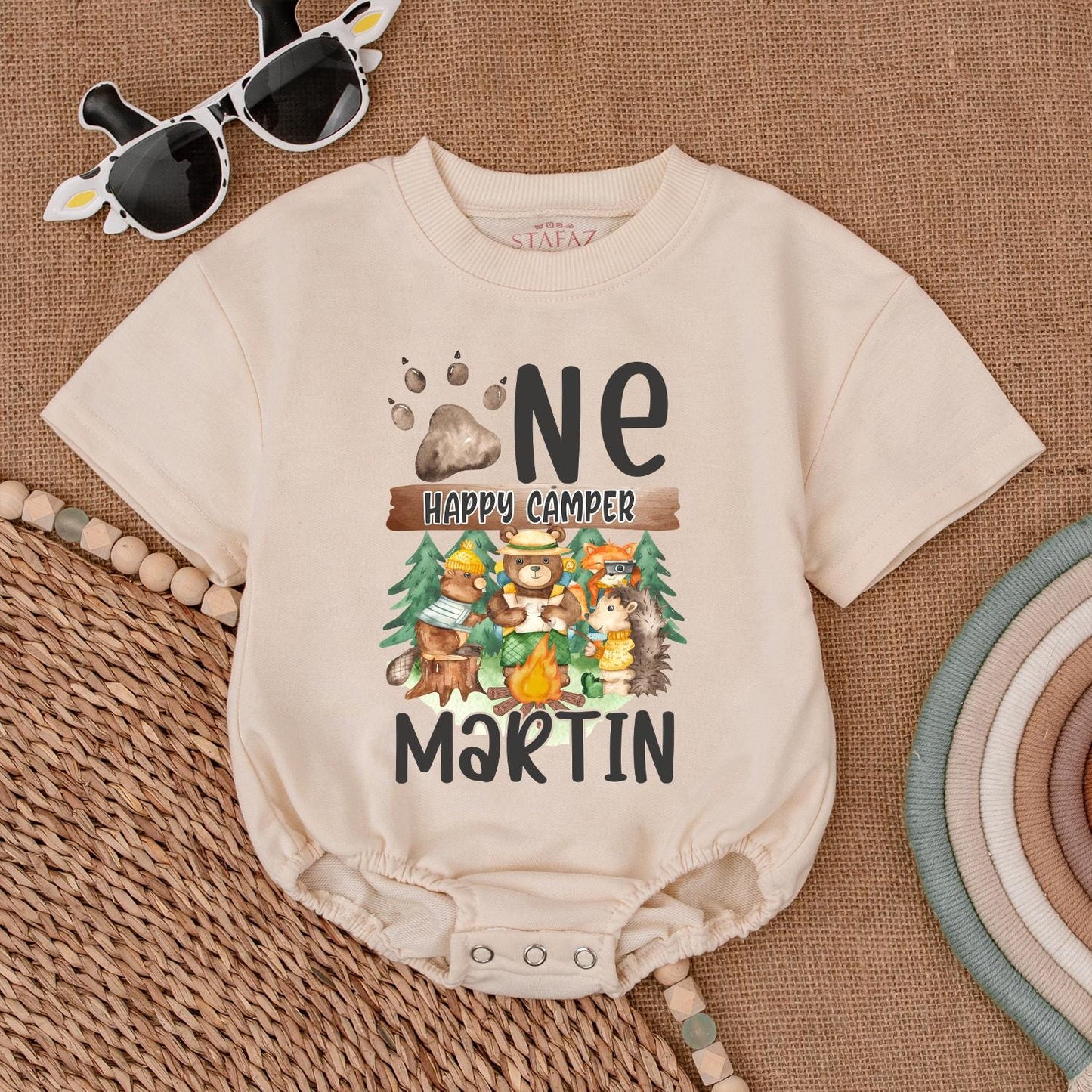 Personalized One Happy Camper 1st Birthday Romper Baby Boy Outfit Camping Theme Gift Neutral Bubble Romper