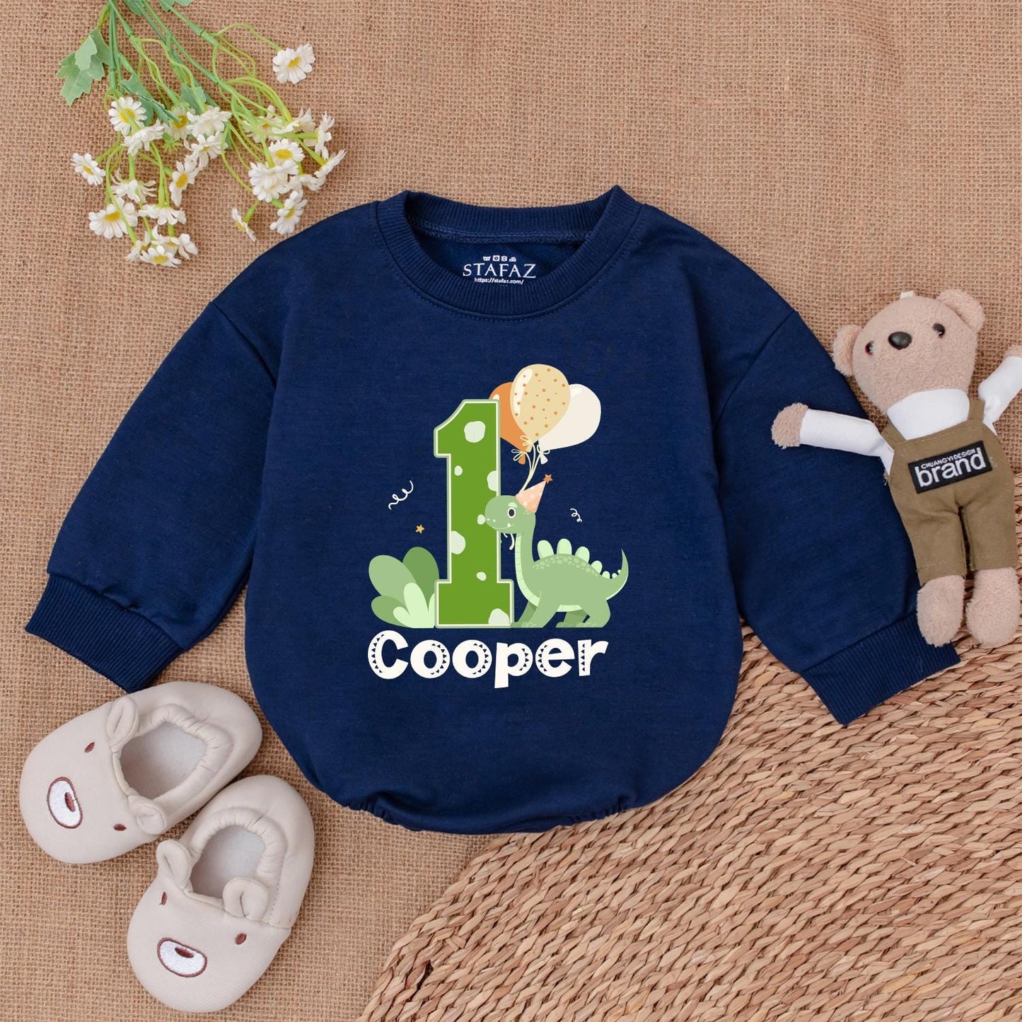 Personalized Dinosaur 1st Birthday Romper Green Polka Dot '1' Cute Dino Balloons Baby Boy Outfit for First Birthday Celebration