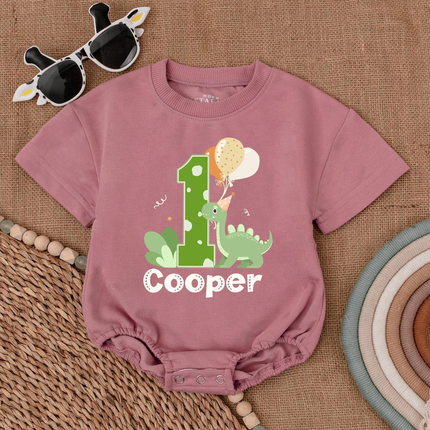 Personalized Dinosaur 1st Birthday Romper Green Polka Dot '1' Cute Dino Balloons Baby Boy Outfit for First Birthday Celebration