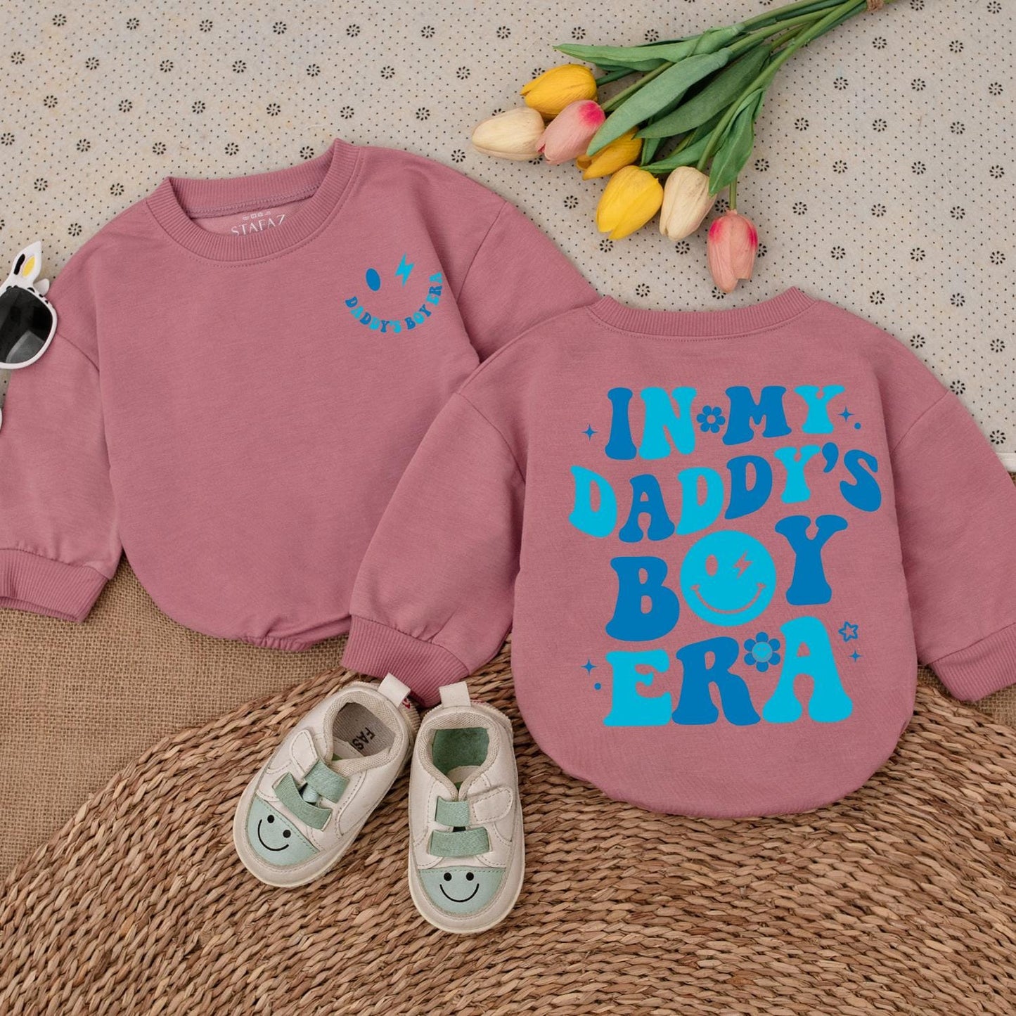 Daddy's Boy Era Baby Outfit, Cute Blue Print Newborn Romper with Smiley Lightning Bolt, Fun Infant Shower Gift, Daddy & Son Photos Clothes 136