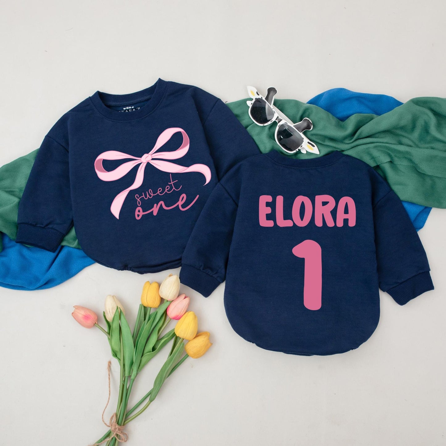 Pink Bow First Birthday Romper Baby Girl Outfit Custom Name Infant Bodysuit Shower Gift