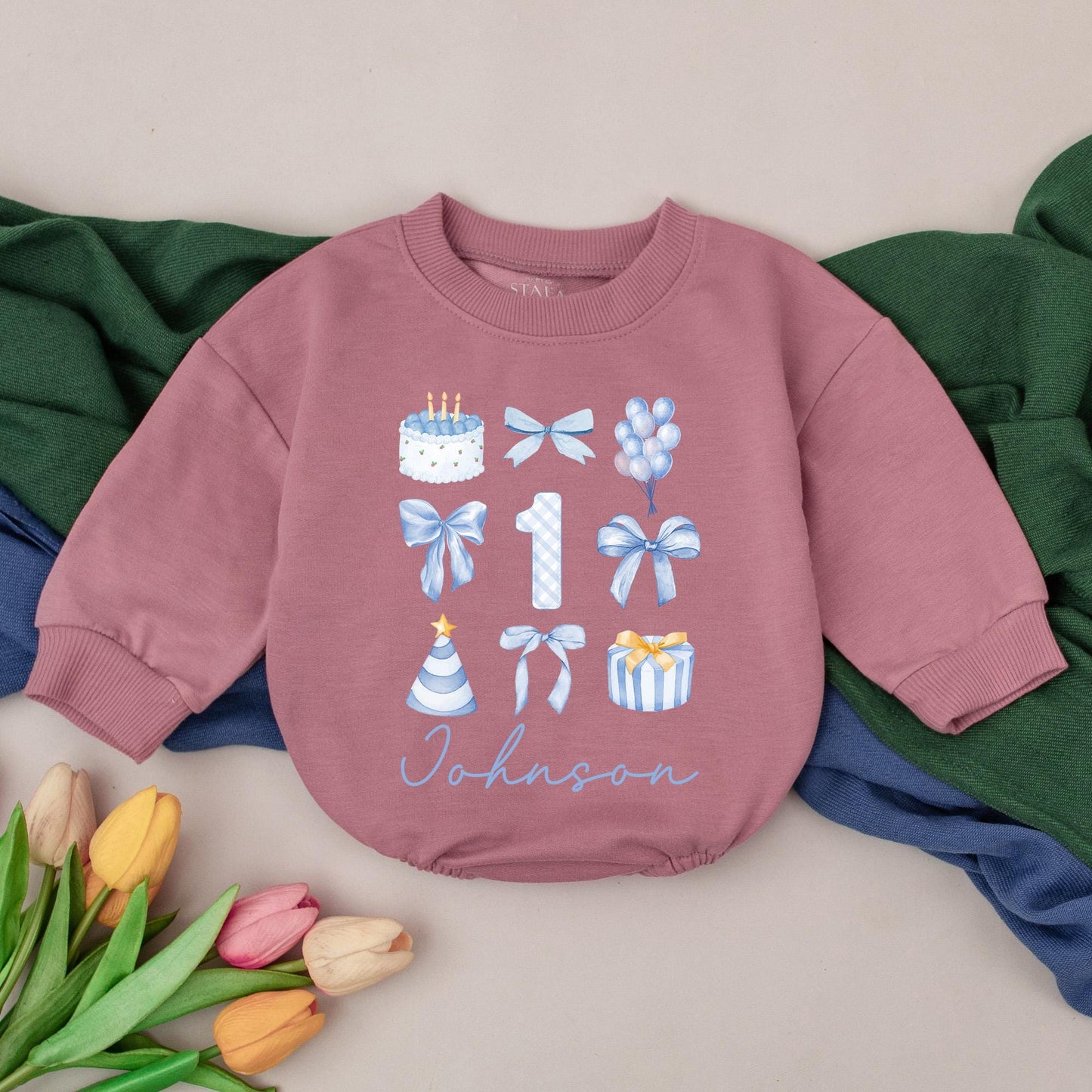 Custom First Birthday Boy Romper Blue Outfit Personalized 1st Birthday Shirt Infant Bodysuit Name Birthday Gift Cute One Year Old Party Clothes (138 chars)