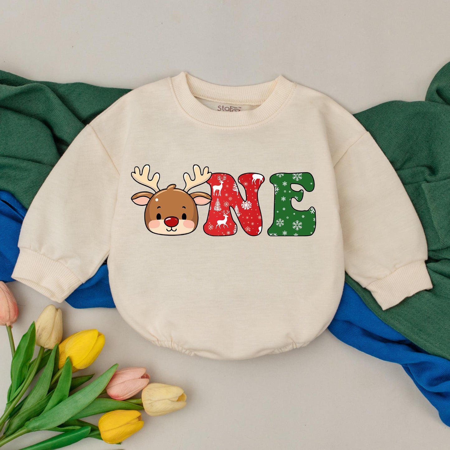 First Christmas One Little Reindeer Baby Romper Adorable Newborn Girl Xmas Outfit Cute Reindeer O Design Red Green Snowflakes