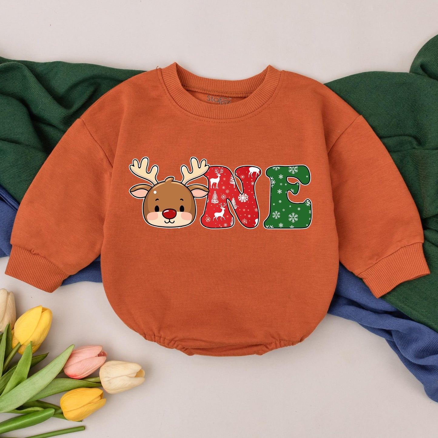 First Christmas One Little Reindeer Baby Romper Adorable Newborn Girl Xmas Outfit Cute Reindeer O Design Red Green Snowflakes