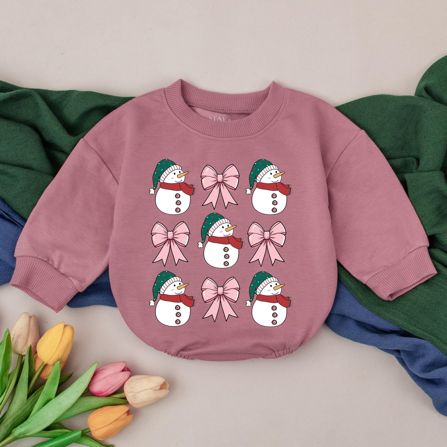 Retro Snowman Christmas Bubble Romper Baby Girls Boys Holiday Outfit featuring Pink Bows Green Red Hats New Baby Shower Gift