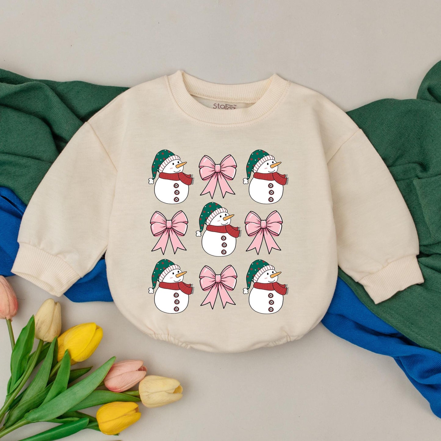 Retro Snowman Christmas Bubble Romper Baby Girls Boys Holiday Outfit featuring Pink Bows Green Red Hats New Baby Shower Gift