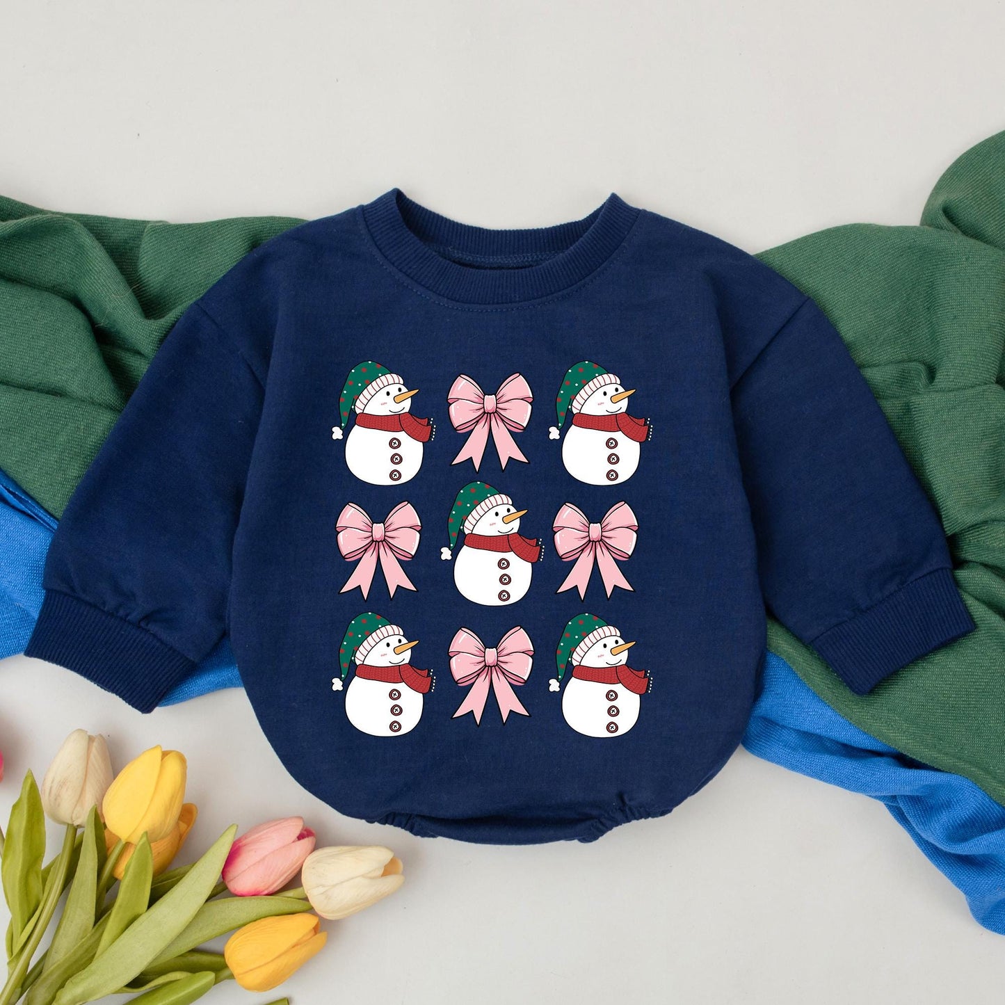 Retro Snowman Christmas Bubble Romper Baby Girls Boys Holiday Outfit featuring Pink Bows Green Red Hats New Baby Shower Gift