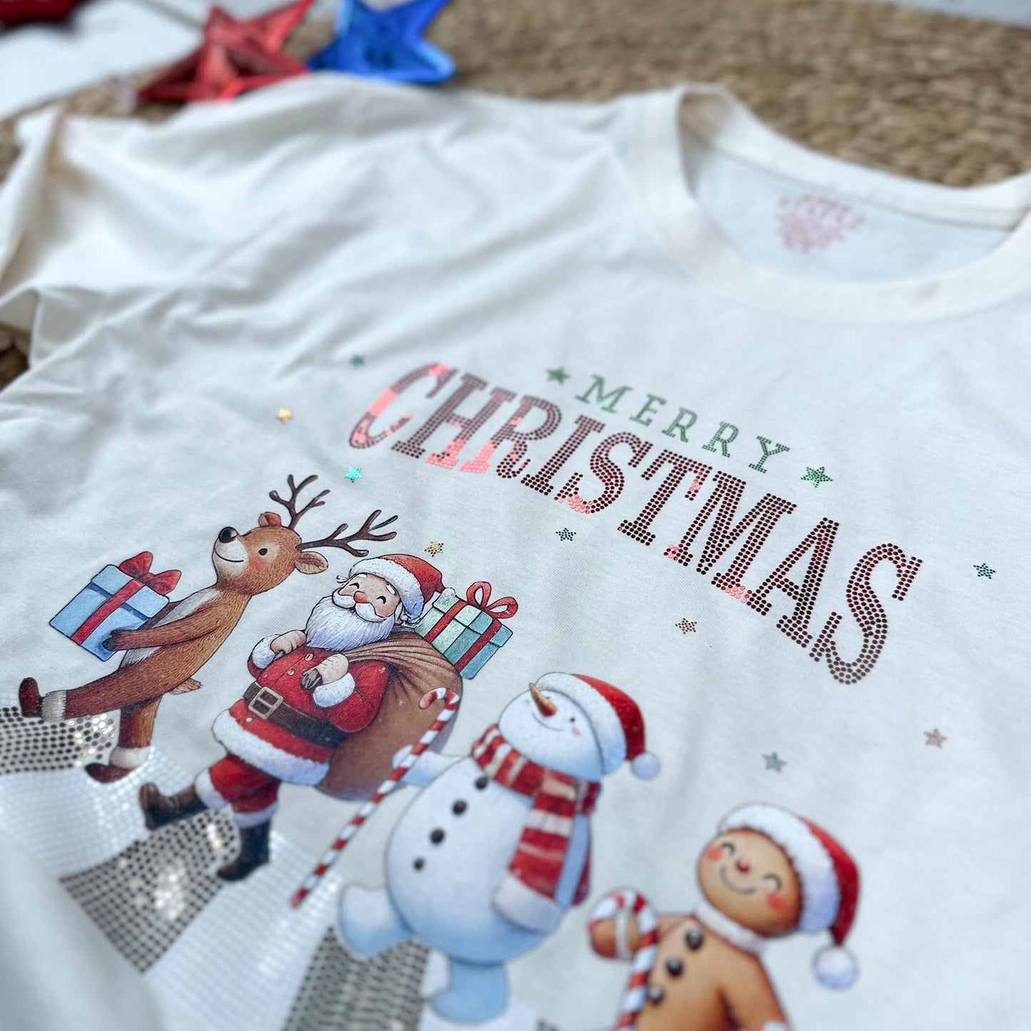 Sparkly Merry Christmas Shirt - Retro Xmas Parade Tee with Glitter & Festive Holiday Characters - Funny Gift