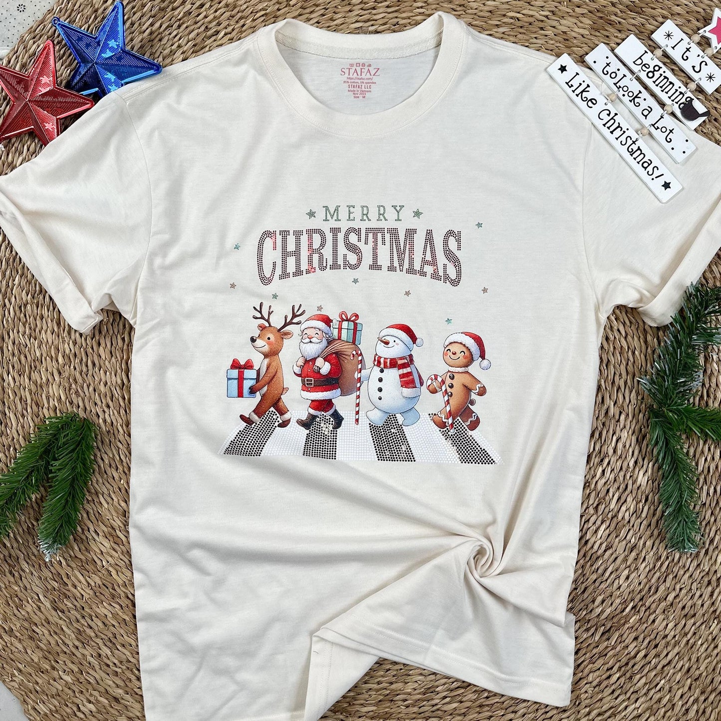 Sparkly Merry Christmas Shirt - Retro Xmas Parade Tee with Glitter & Festive Holiday Characters - Funny Gift