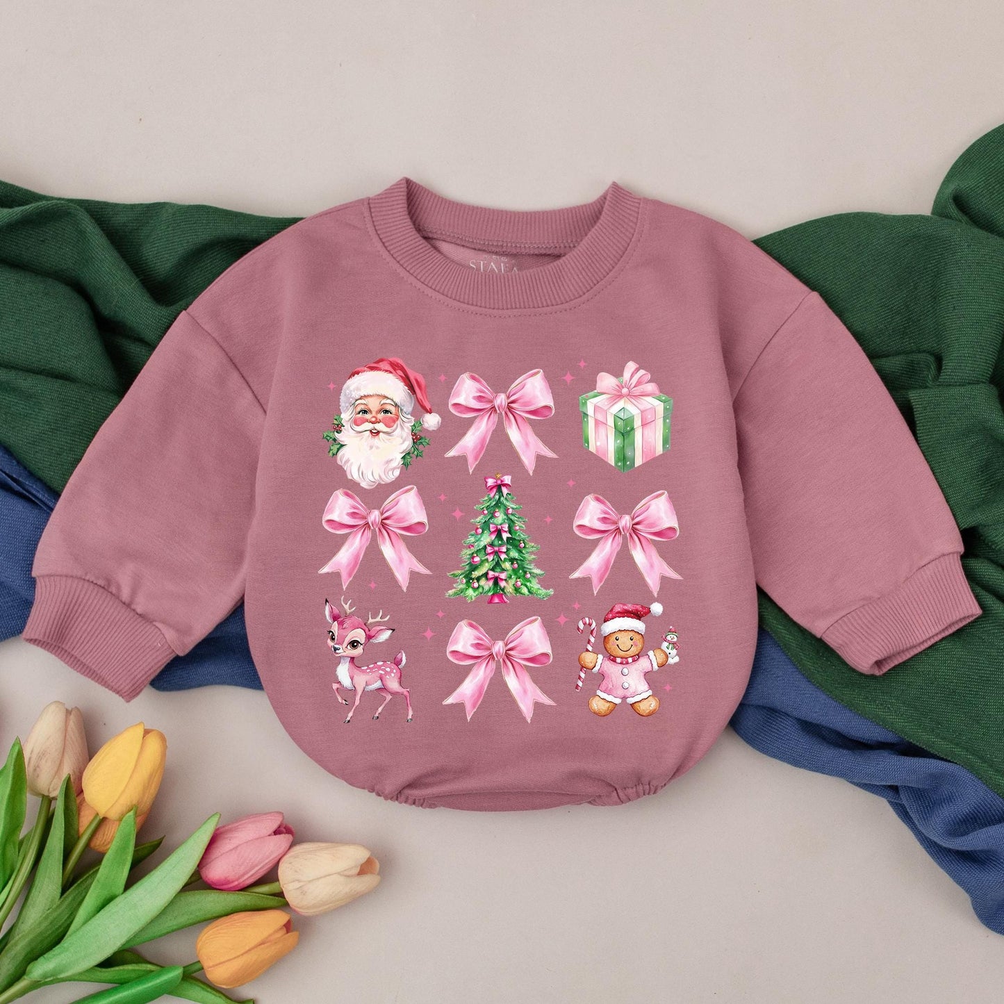 Retro Christmas Baby Bubble Romper first holiday Santa outfit for girls featuring festive gingerbread man, pink fawn, and tree design with sparkling details