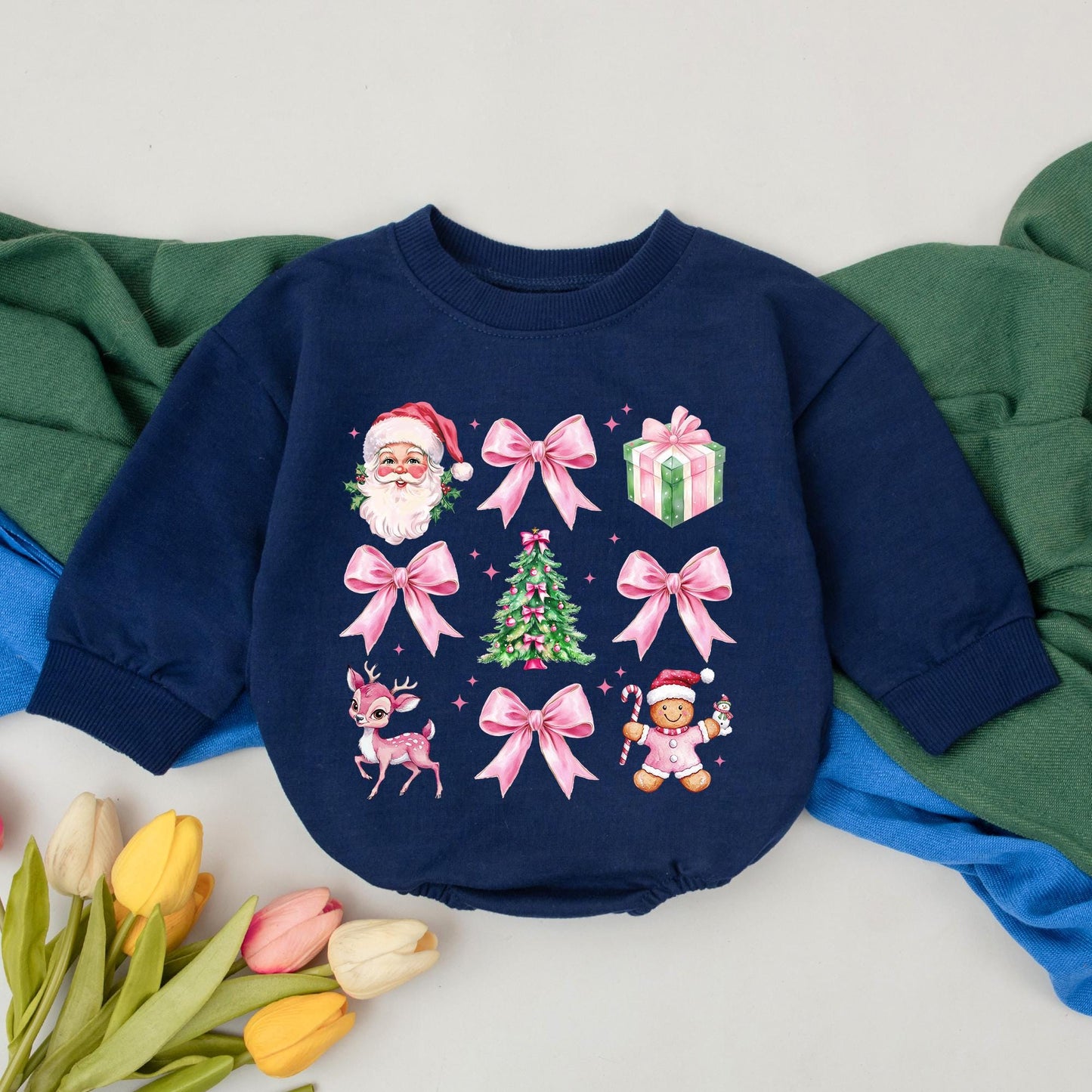Retro Christmas Baby Bubble Romper first holiday Santa outfit for girls featuring festive gingerbread man, pink fawn, and tree design with sparkling details